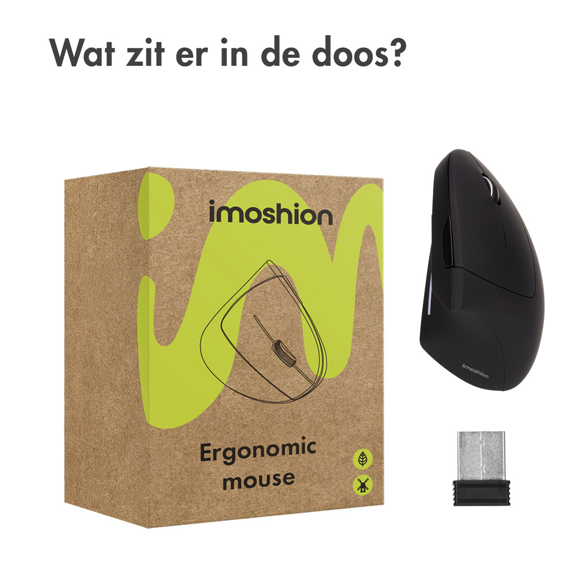 A box and a black ergonomic mouse with a USB receiver.