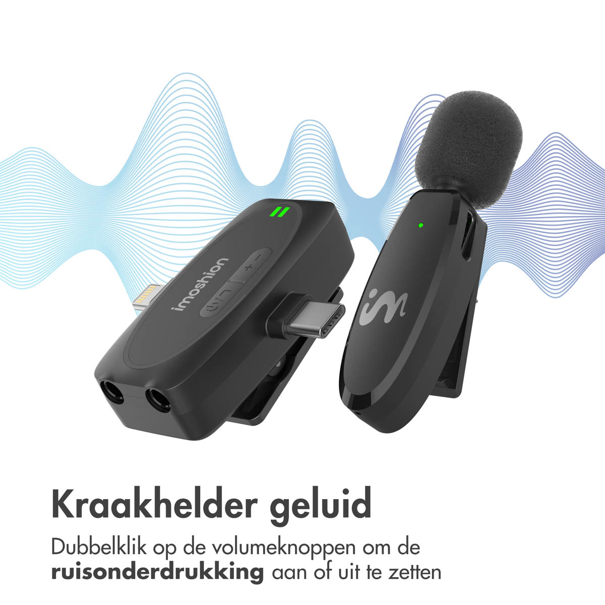 Twee zwarte microfoons met het woord imoshion erop. Eén heeft een oplaadpoort.