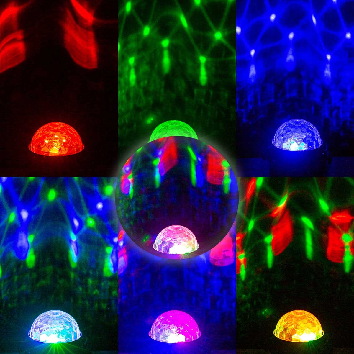 A collage of disco lights with different colors: red, green, blue, and a mixed color.