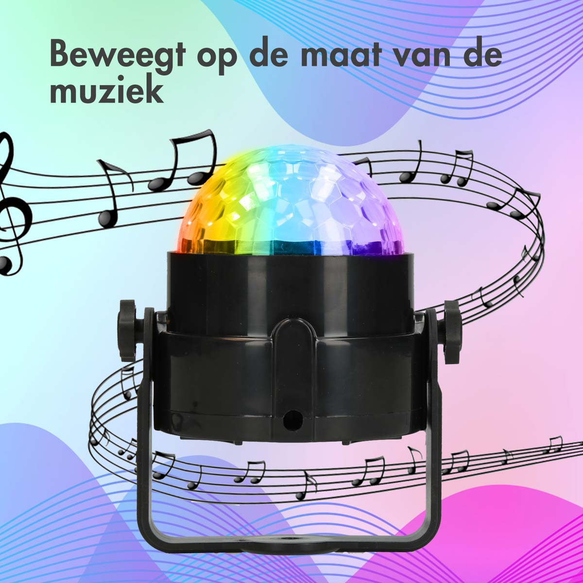 Disco ball, emitting colorful light, surrounded by musical notes on a black background.