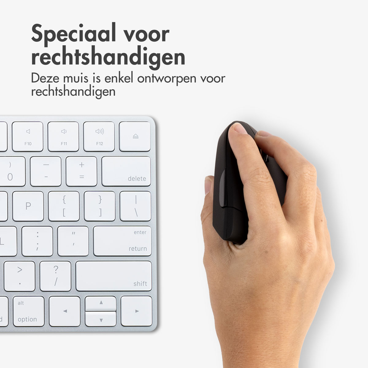 Right-handed mouse, keyboard, and text. The text explains that this mouse is designed for right-handed people.