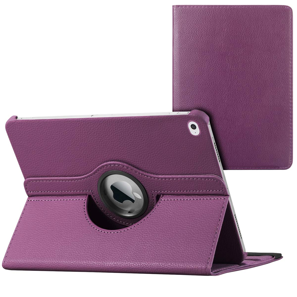 Purple tablet case with a rotating stand, showing the tablet at multiple angles, open and closed.