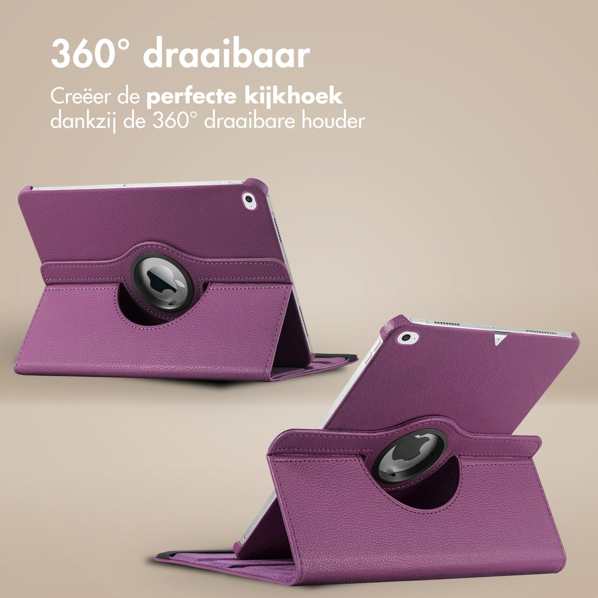 Purple tablet case. The tablet is in a case that allows 360-degree rotation. Shows the case in two positions.