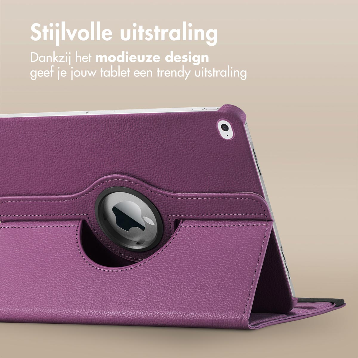 A purple tablet case with a silver camera circle. The case is shown open, angled to the right.