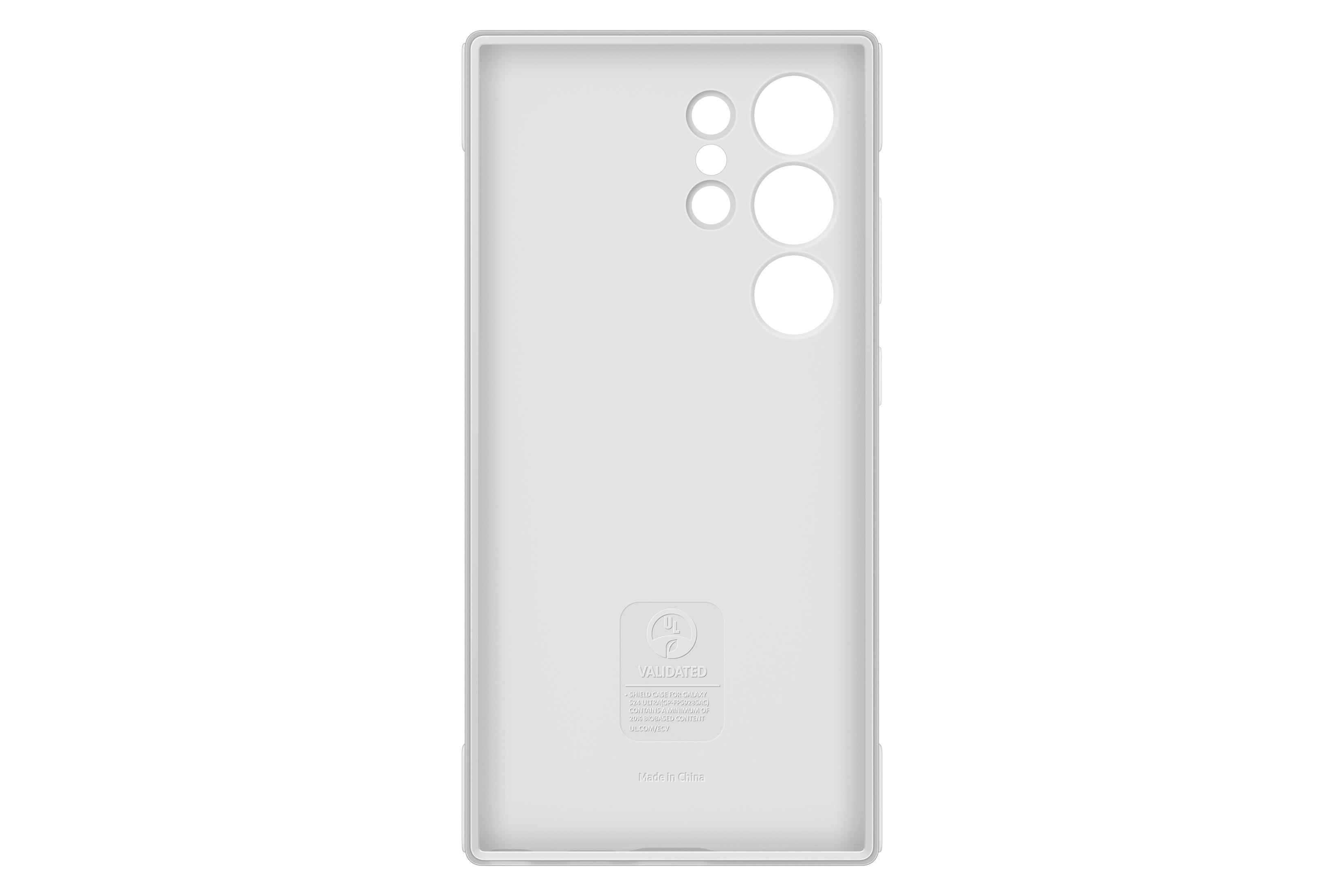 Witte telefoonhoes, rechthoekige vorm, met uitsparingen voor camera en knoppen aan de achterkant.