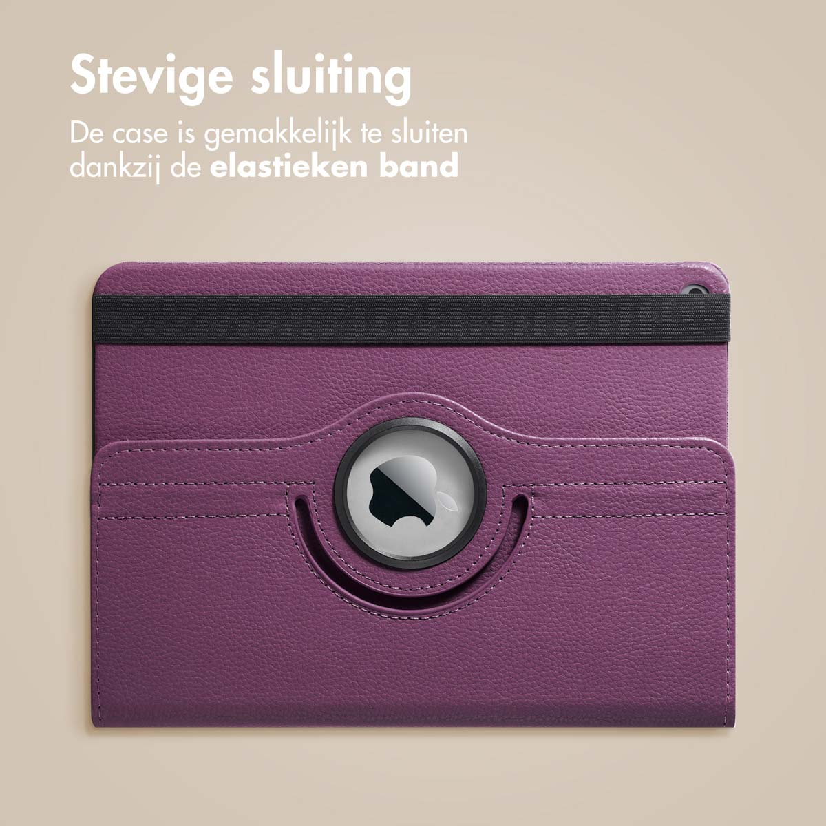 Purple tablet case. The case has an elastic band closure and a Apple logo cutout.