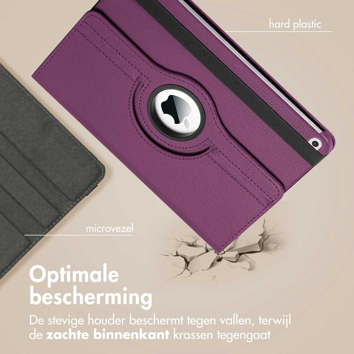 Purple tablet case with apple logo. Text mentions hard plastic and microfiber, with a crack effect.
