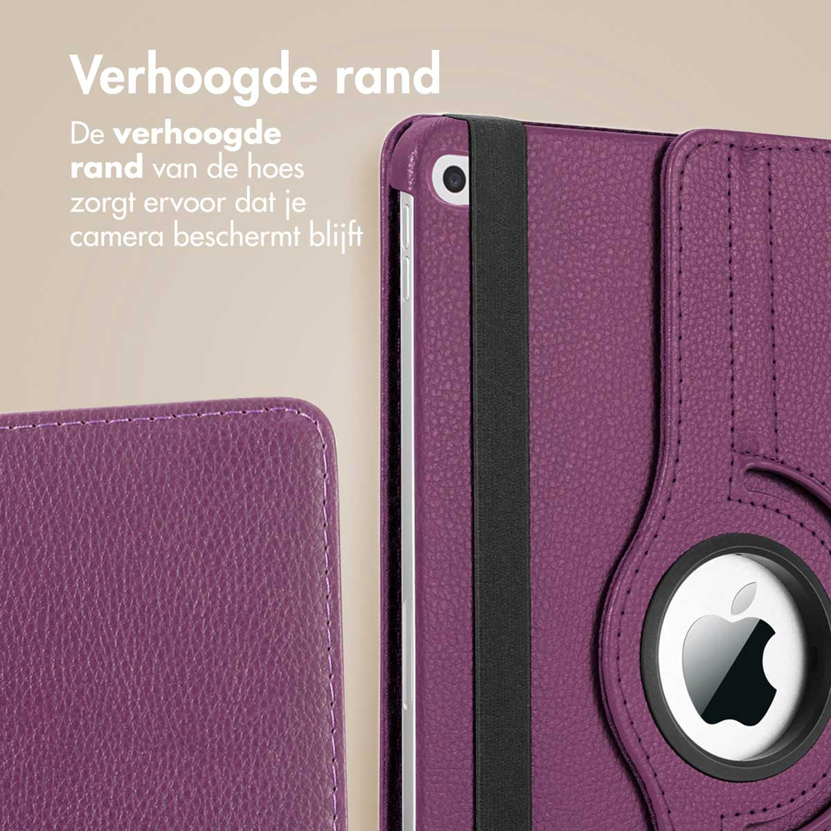 Purple phone case with a raised edge protecting the camera and a closing strap.