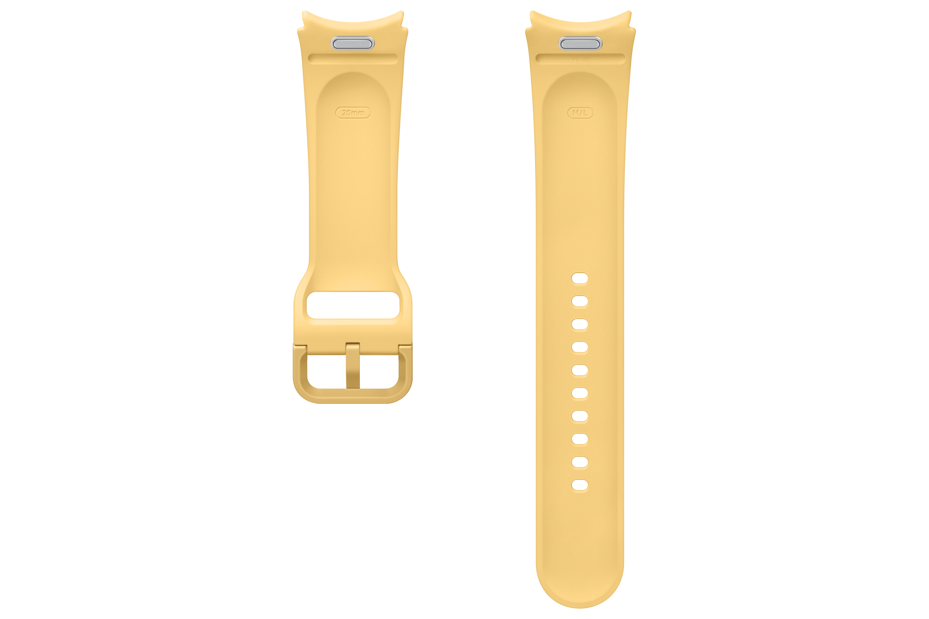 Due cinturini per orologio giallo chiaro con fibbia e fori per la regolazione.