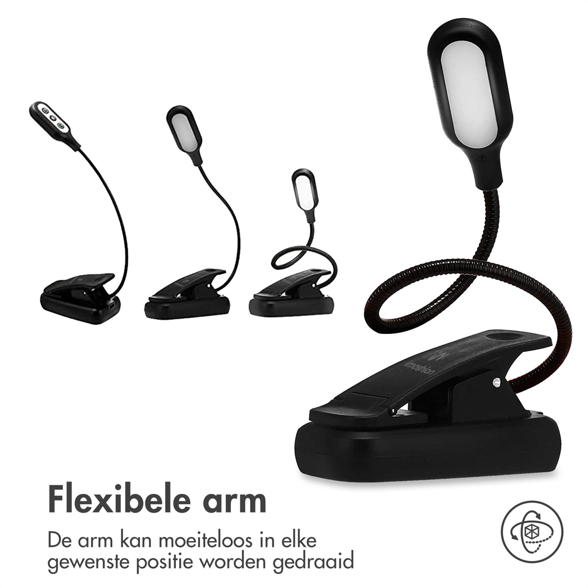 Black reading light with flexible arm and clip. Multiple views.
