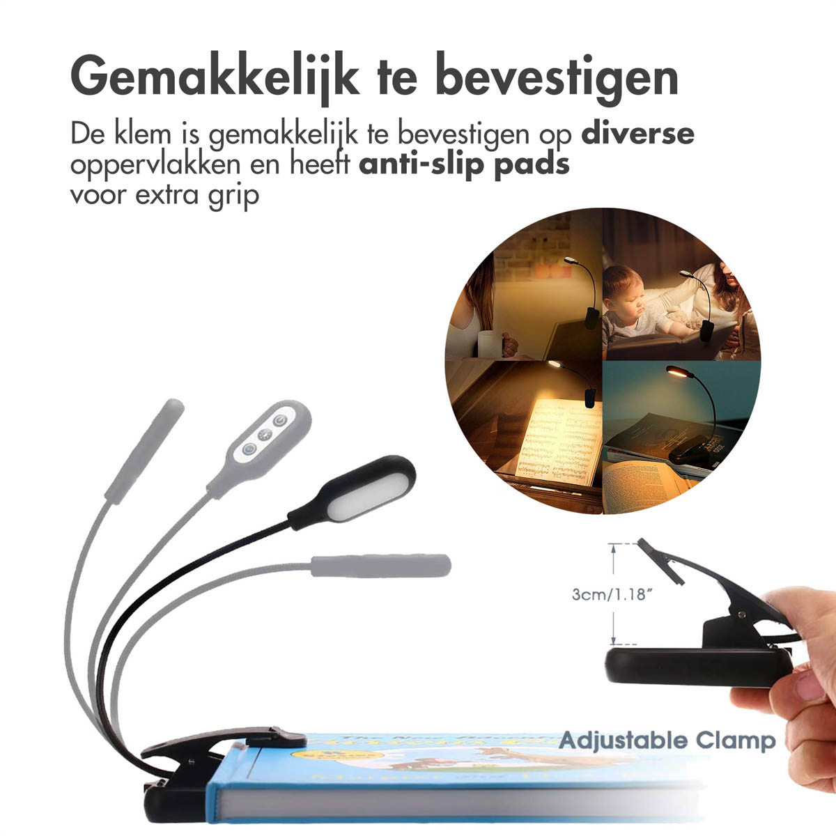 A book light with an adjustable clamp, showing different lighting scenarios and adjustments.