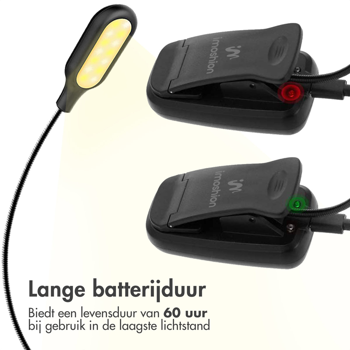Two book lights, one with a red light and one with a green light, with text about battery life.