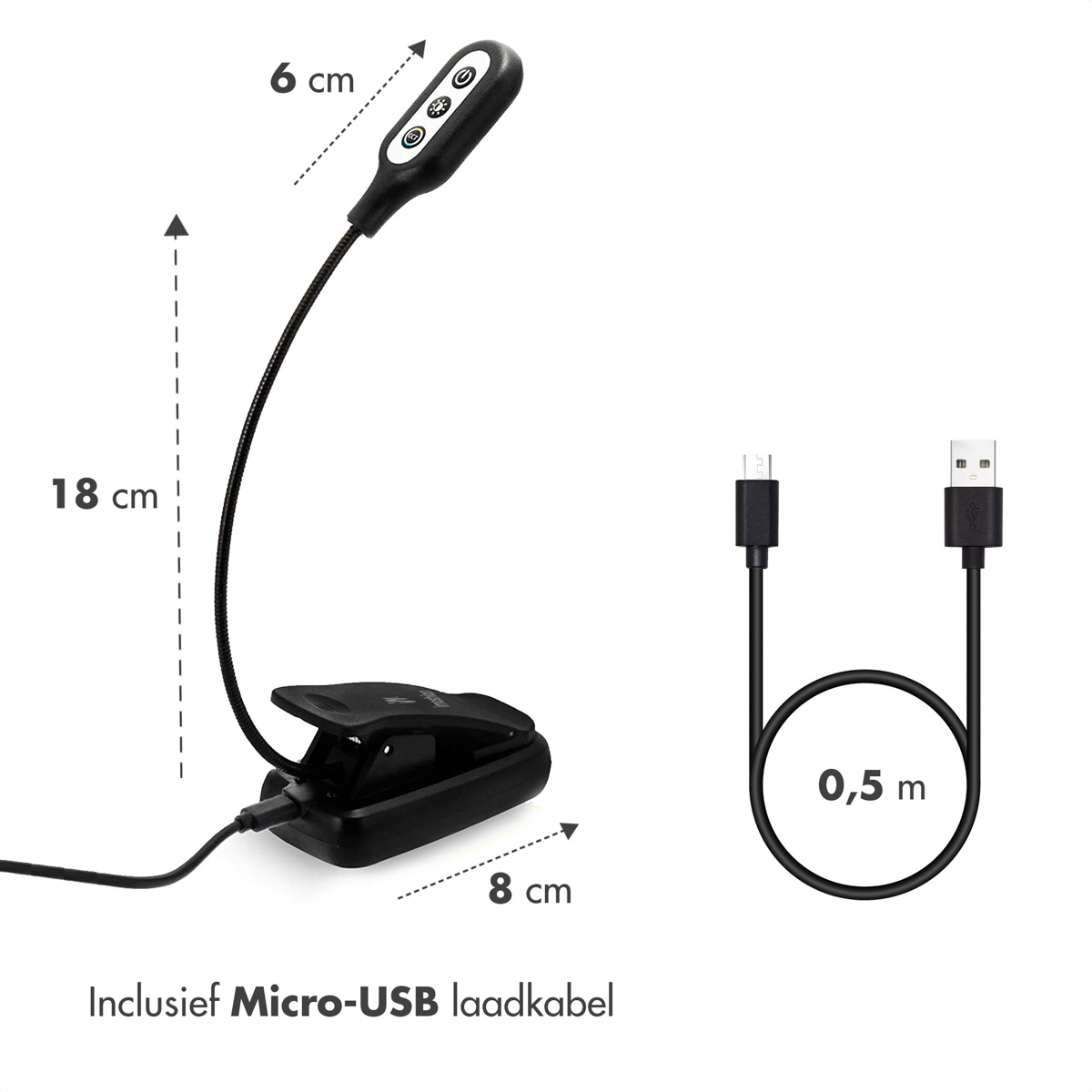 A black reading lamp with a clip, and a USB cable, with dimensions labeled.