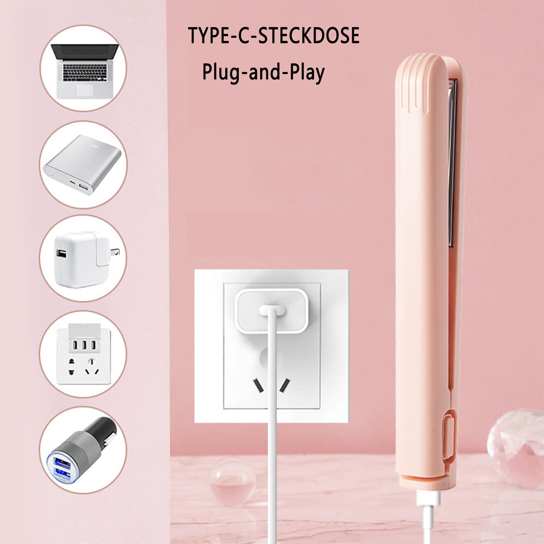 Eine pinke Steckdose und ein Glätteisen neben anderen elektronischen Geräten.