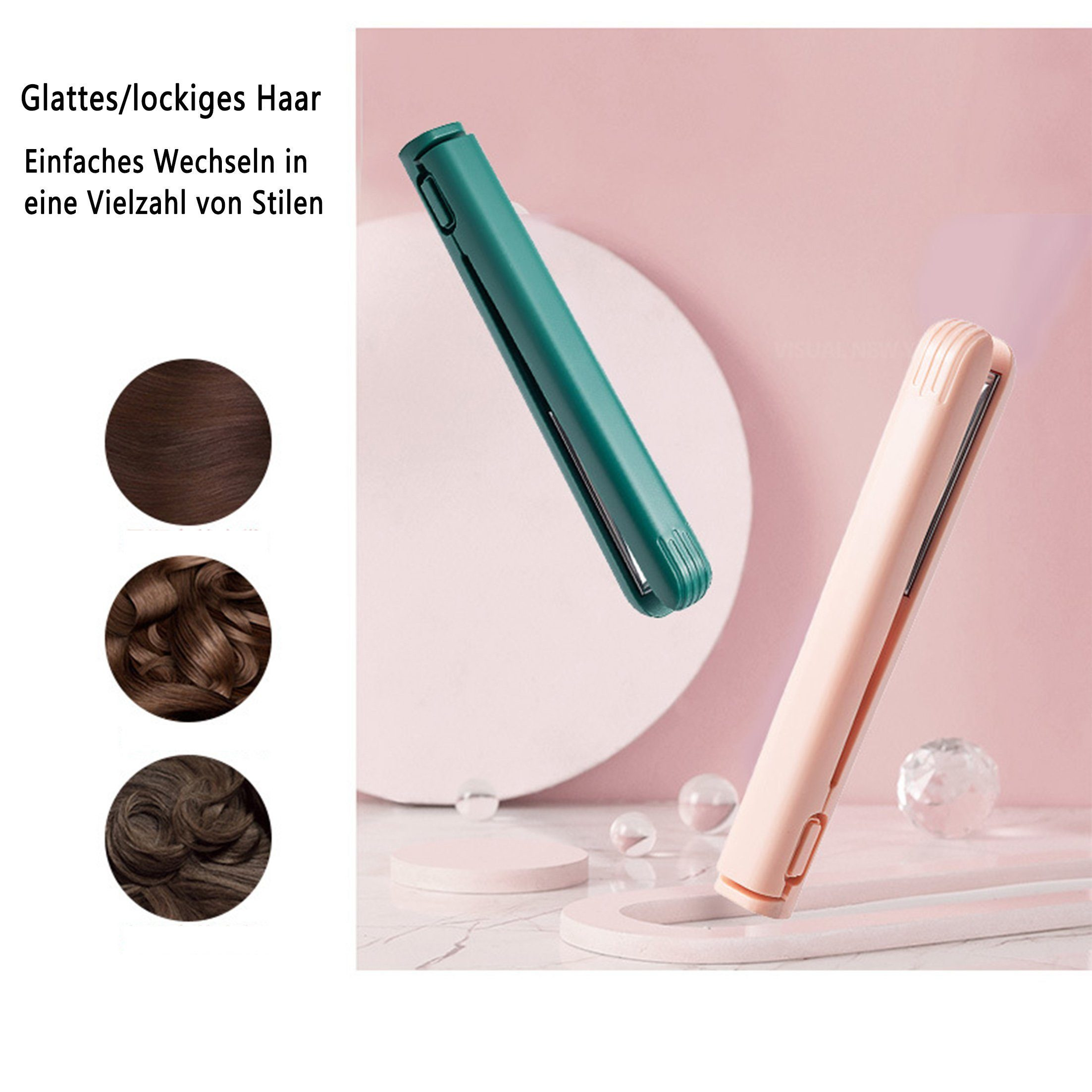 Zwei Haarglätter, einer grün und einer rosa, mit Beispielen für Frisuren links.