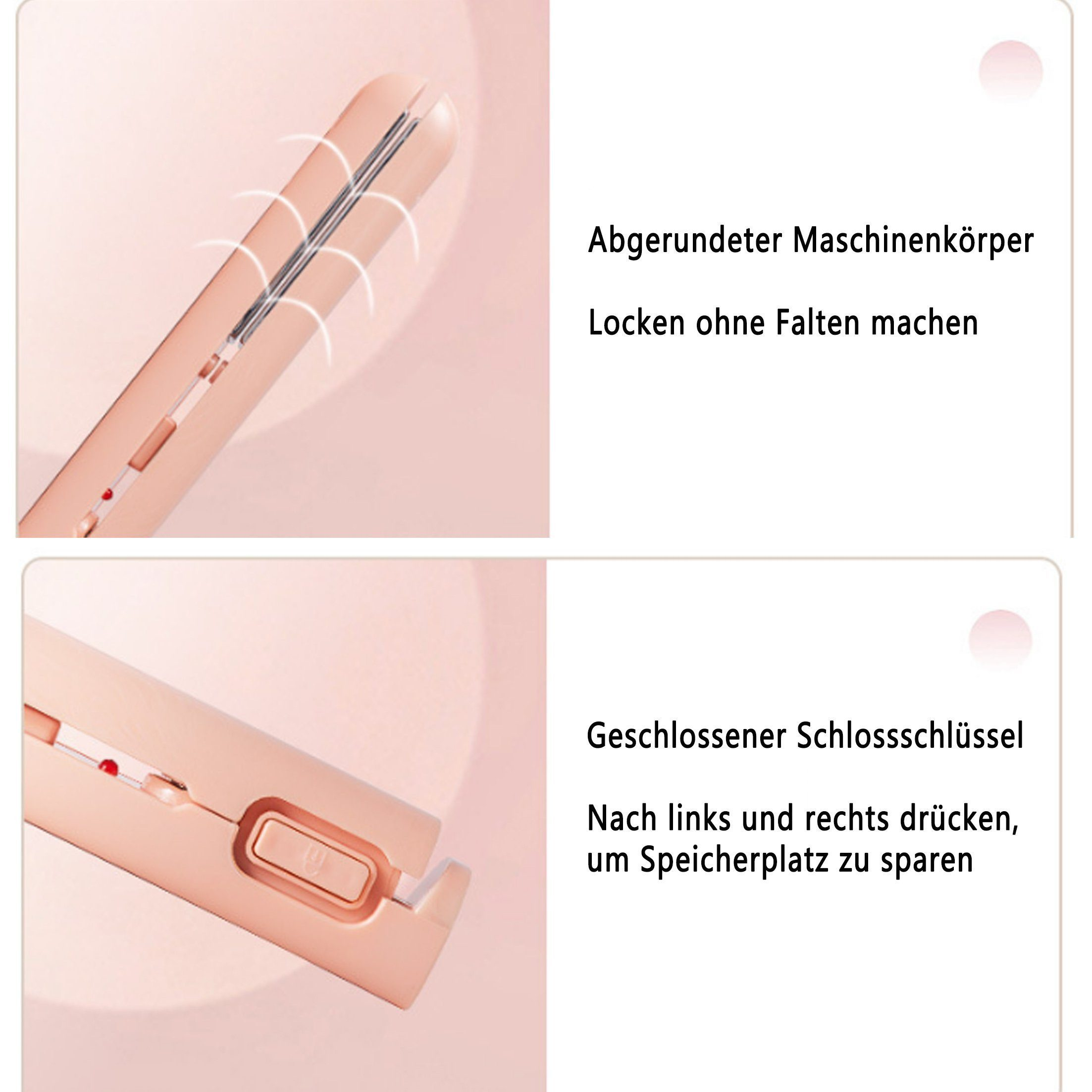 Rosa Haarglätter, oben und unten, mit Text auf Deutsch.