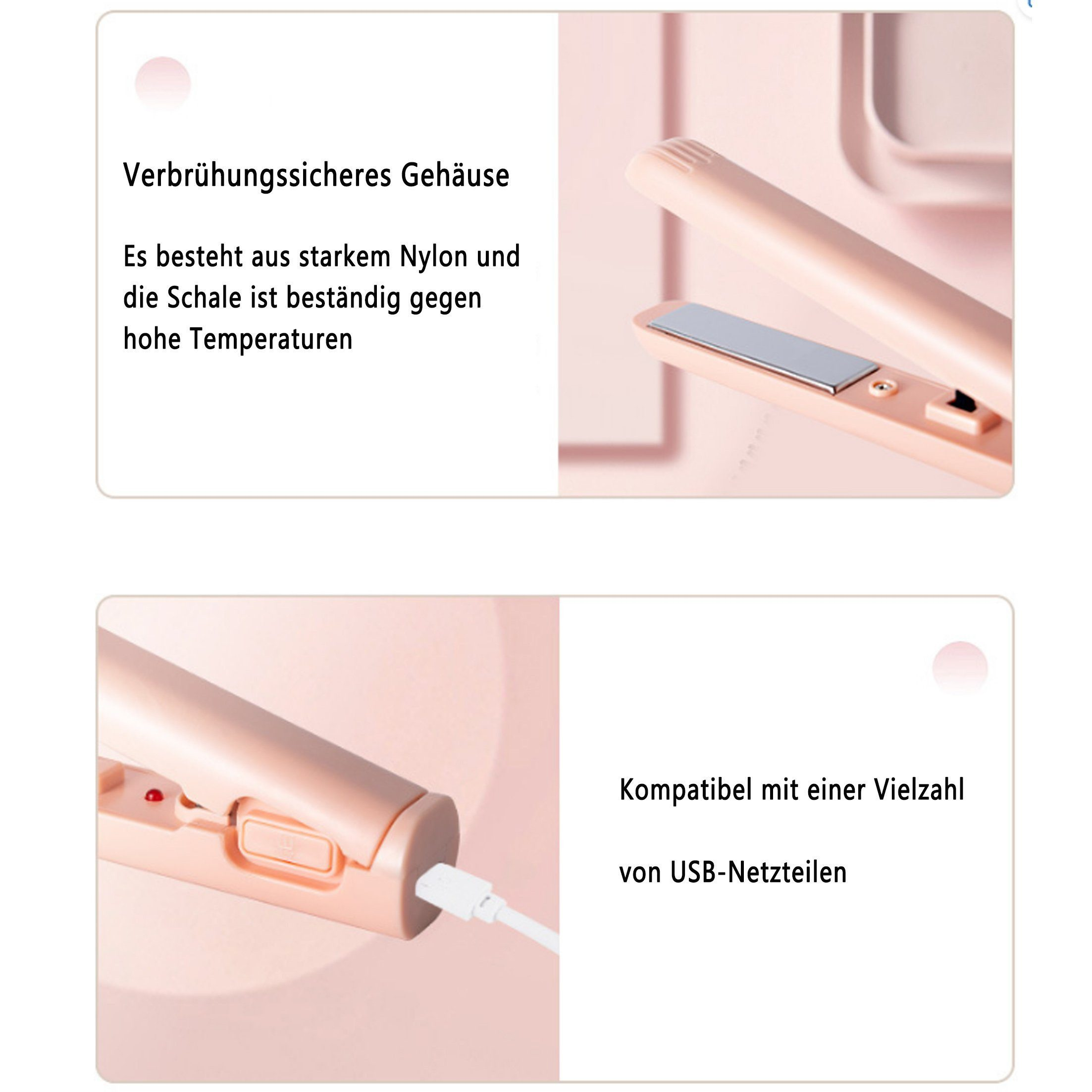 Bilder eines rosa Haarglätters. Text hebt Hitzebeständigkeit und Kompatibilität mit USB-Stromquellen hervor.