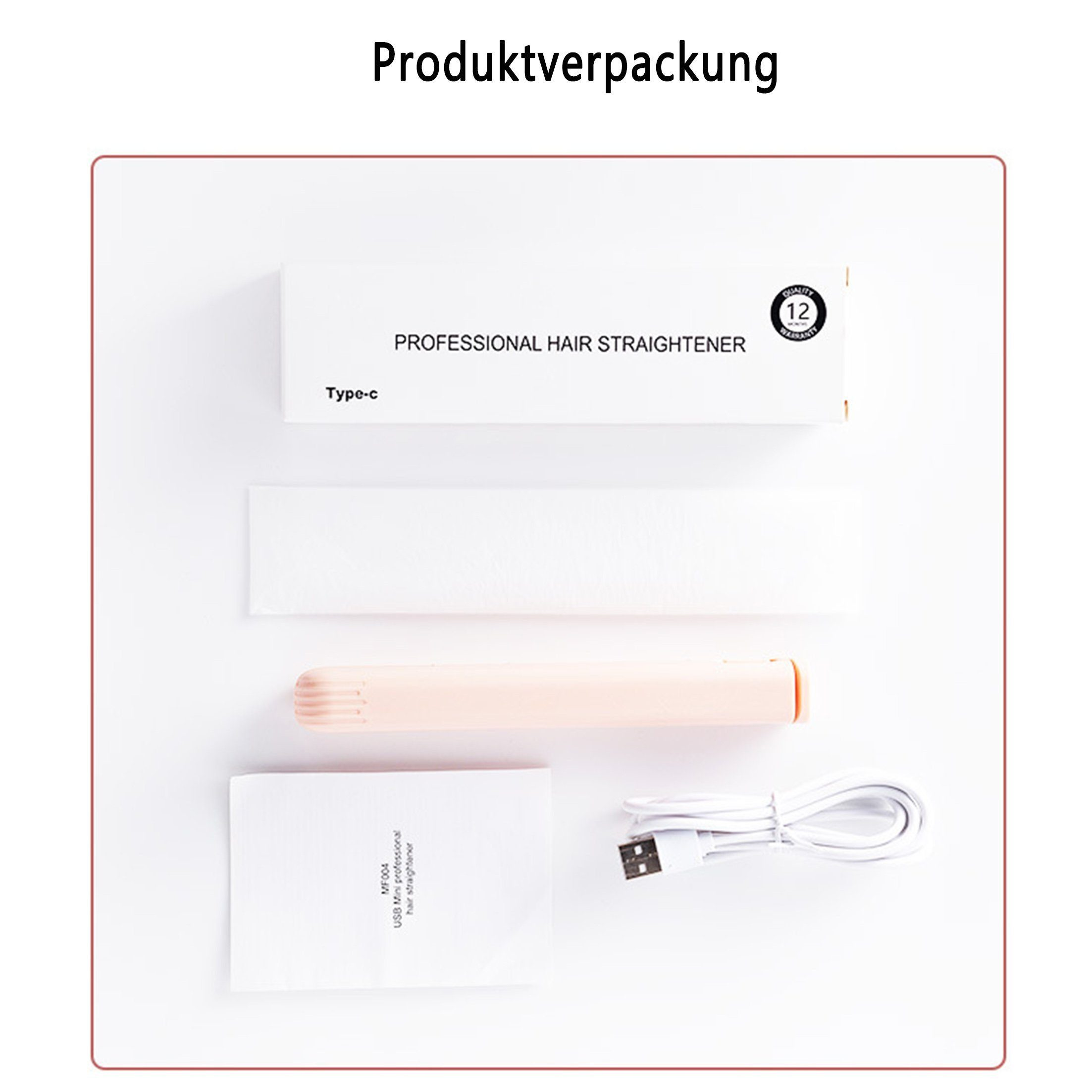 Produktverpackung mit Haarglätter, Kabel und Anweisungen.