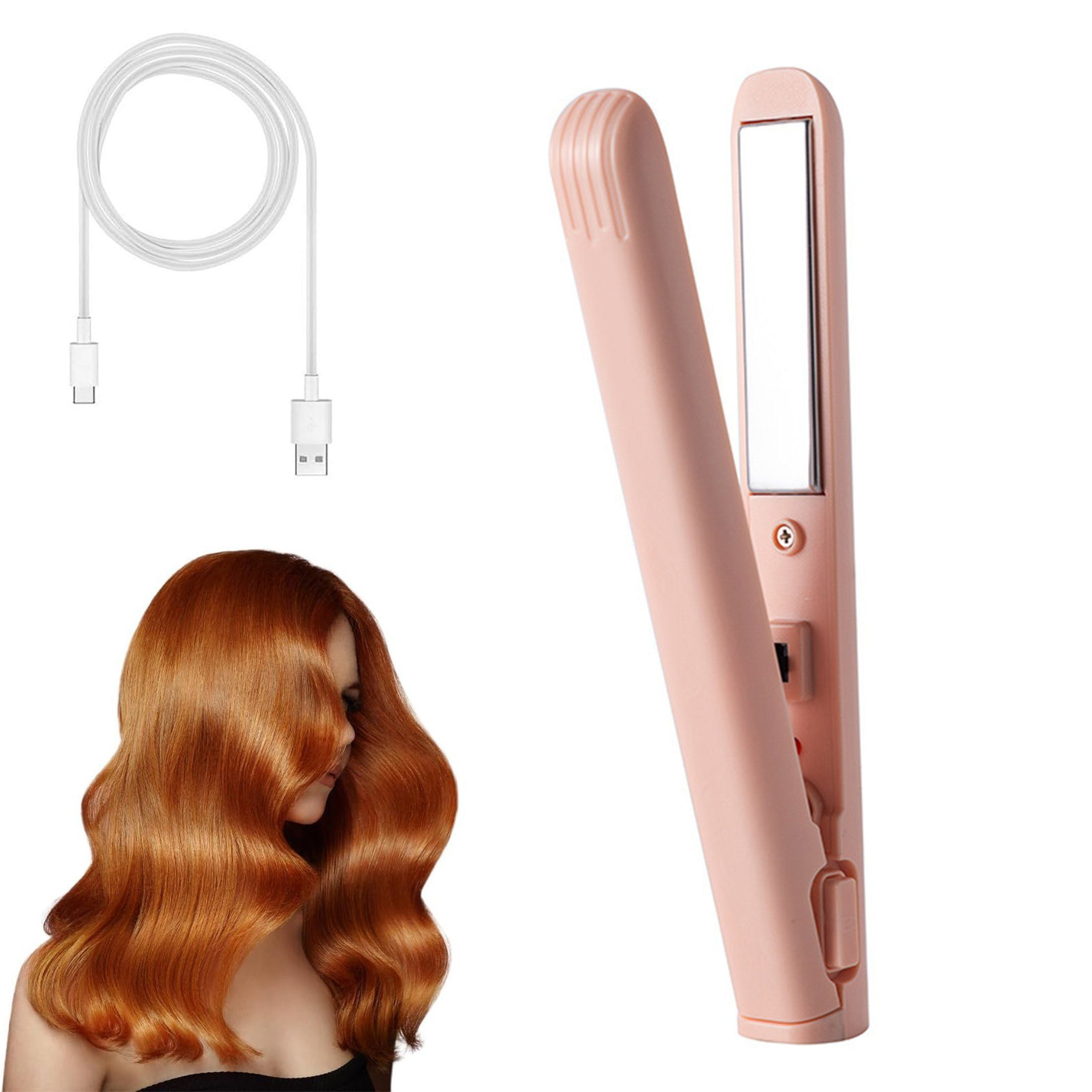 Haarglätter mit einer Frau und Haarprobe, ein USB-Kabel, das das Produkt zeigt.
