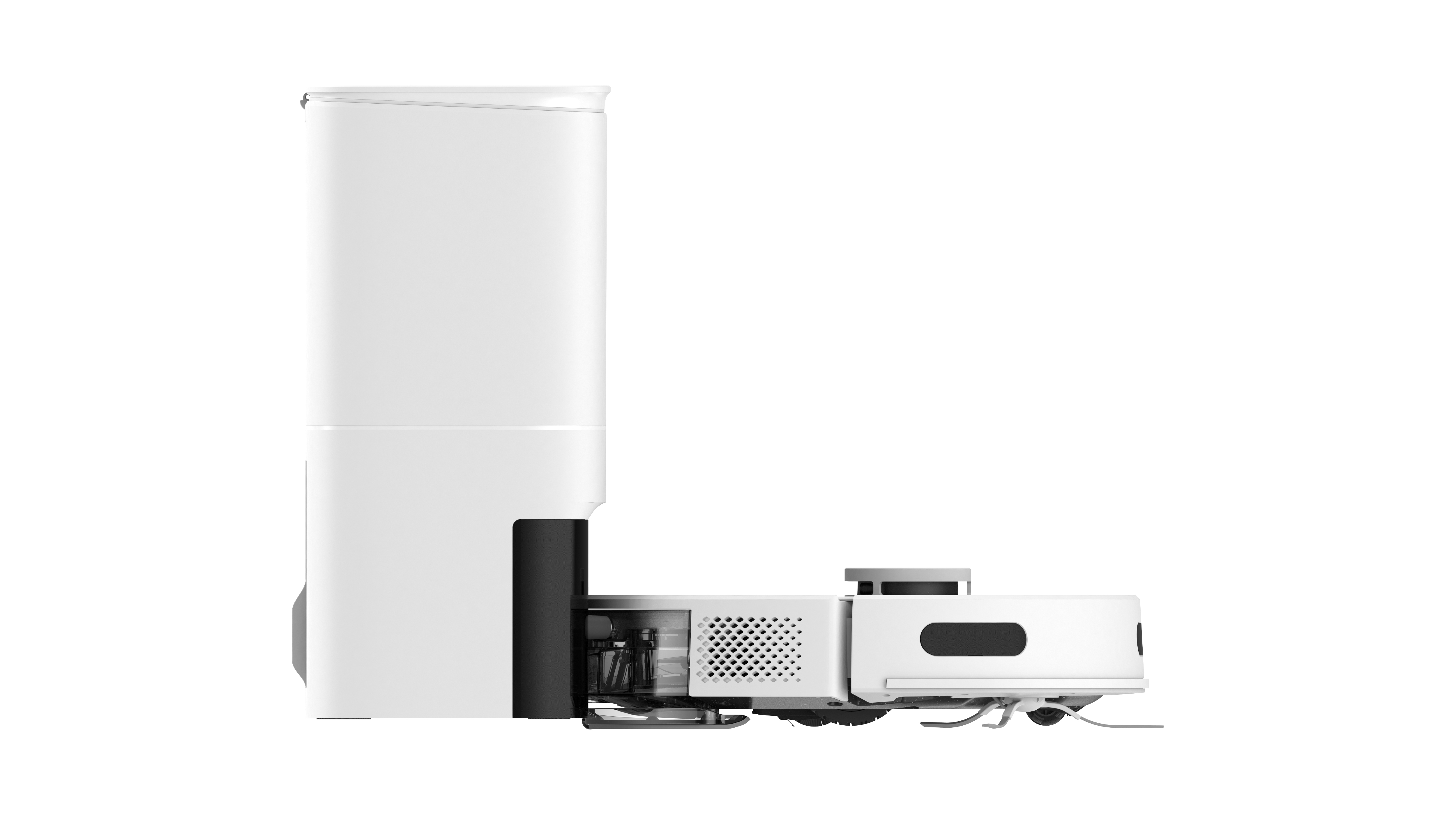 Biały odkurzacz robot. Obok stacji ładowania i utylizacji odpadów.