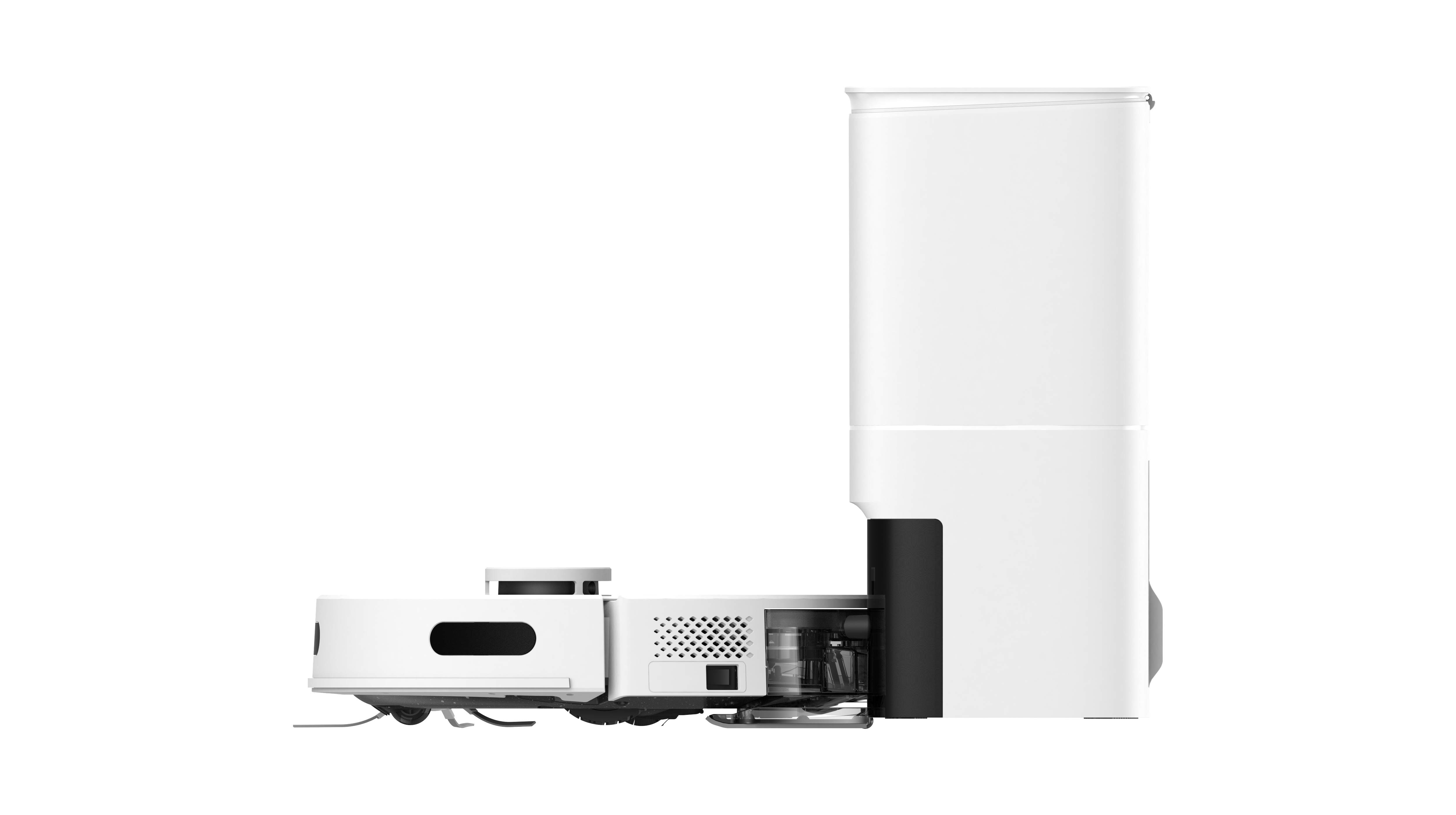 Biały robot odkurzający z wysoką stacją ładującą, profil boczny, na białym tle.