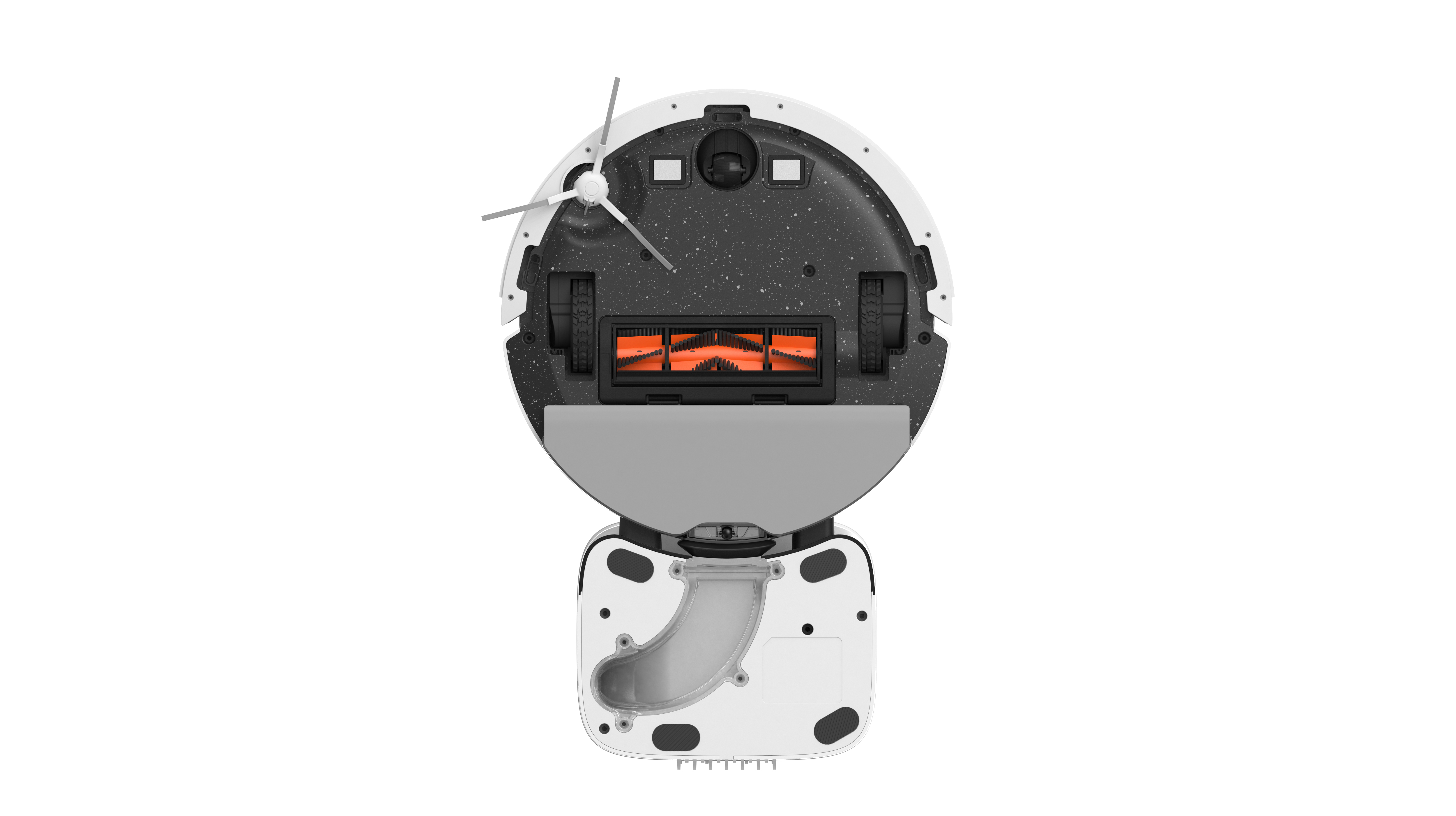 Widok od spodu białego robota sprzątającego. Ma koła, szczotki i kontakt ładowania.