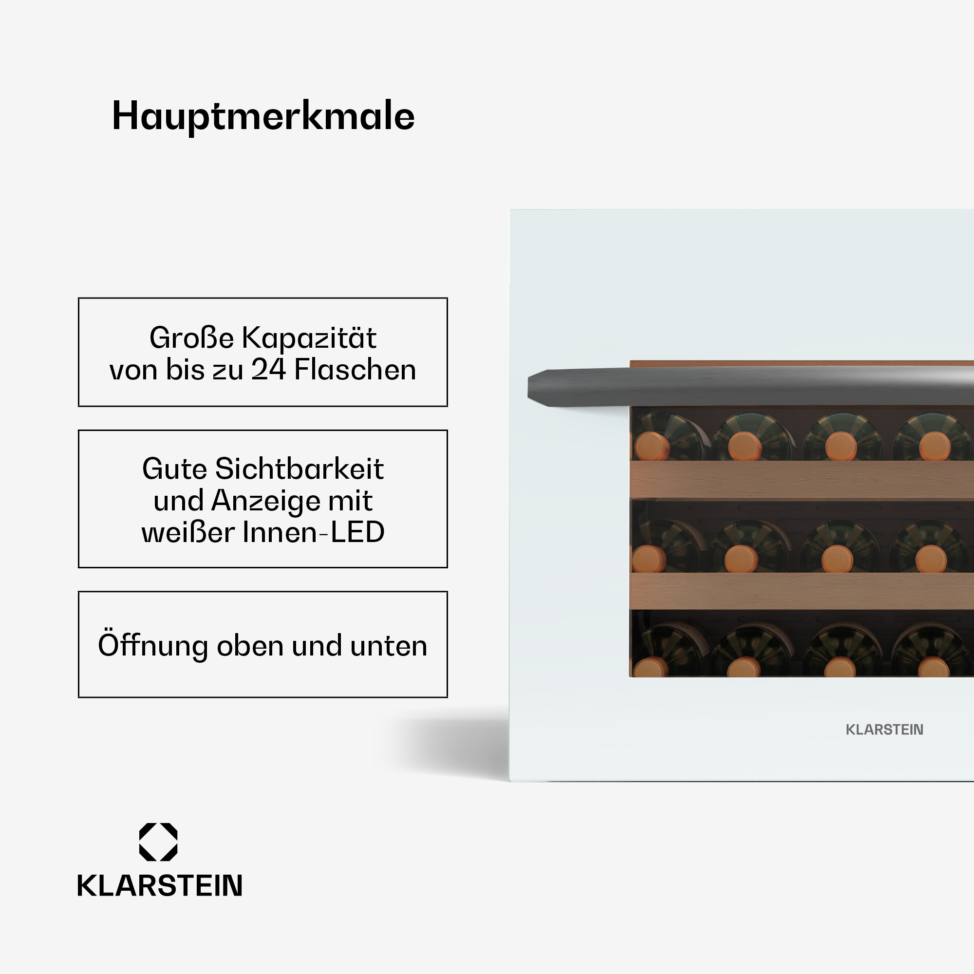 Weinkühler mit deutschem Text. Zeigt Weinflaschen. Text sagt 'Große Kapazität bis zu 24 Flaschen'.