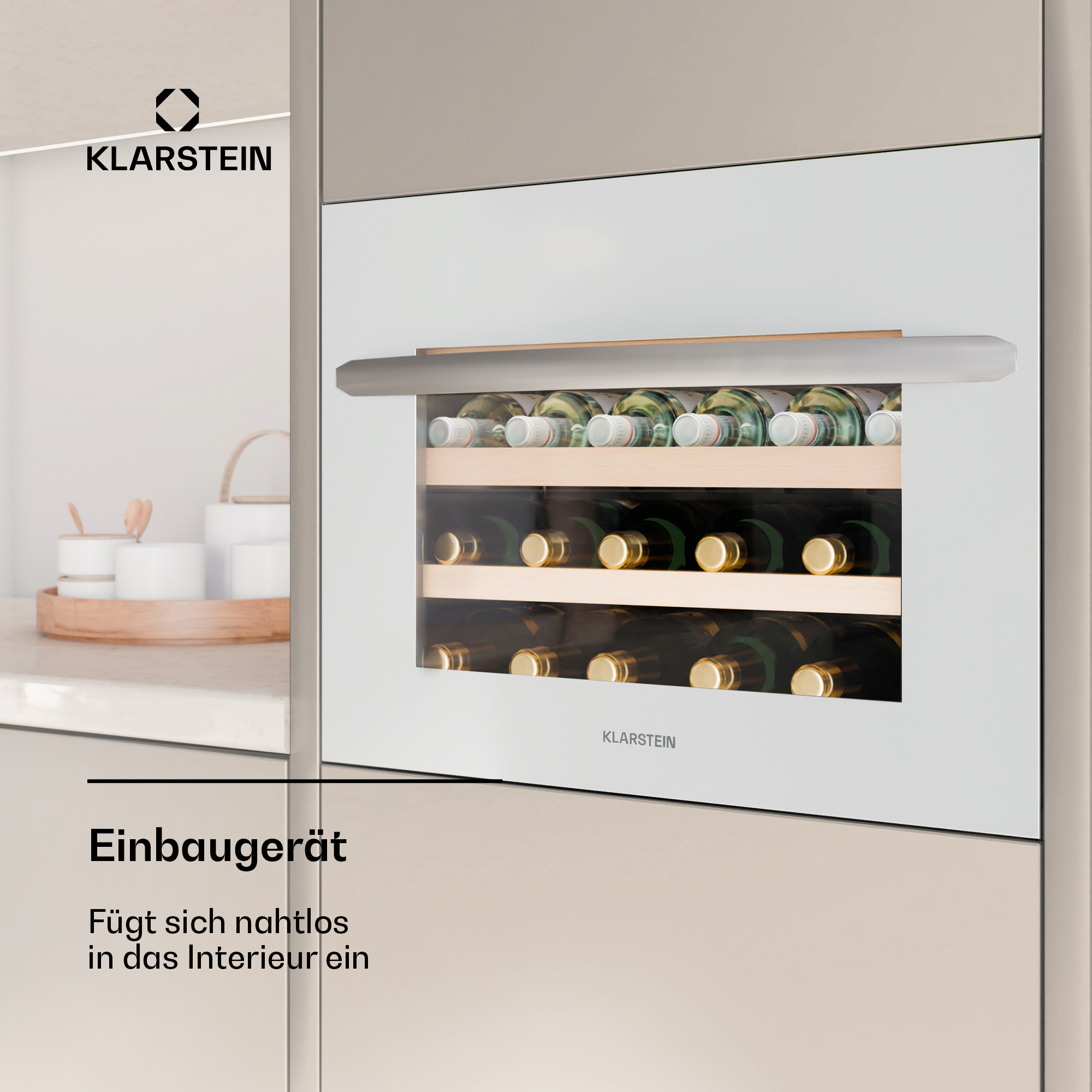 Einbau-Weinkühler mit zwei Sektionen, sichtbaren Flaschen. Text 'Einbaugerät' und 'Klarstein' sind sichtbar.