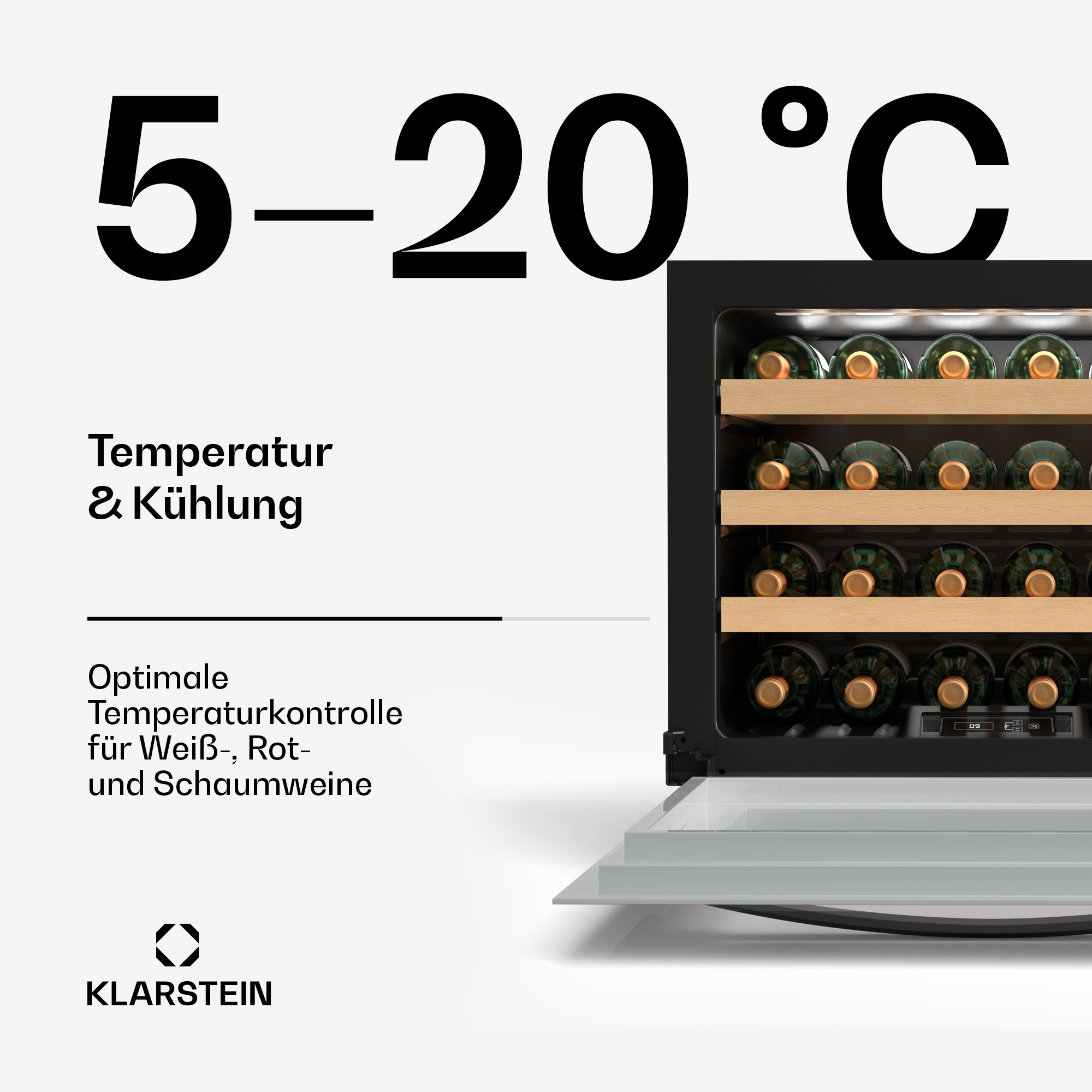 Ein Weinkühler mit Glastür, der Weinflaschen zeigt. Hat einen Temperaturbereich von 5-20°C.