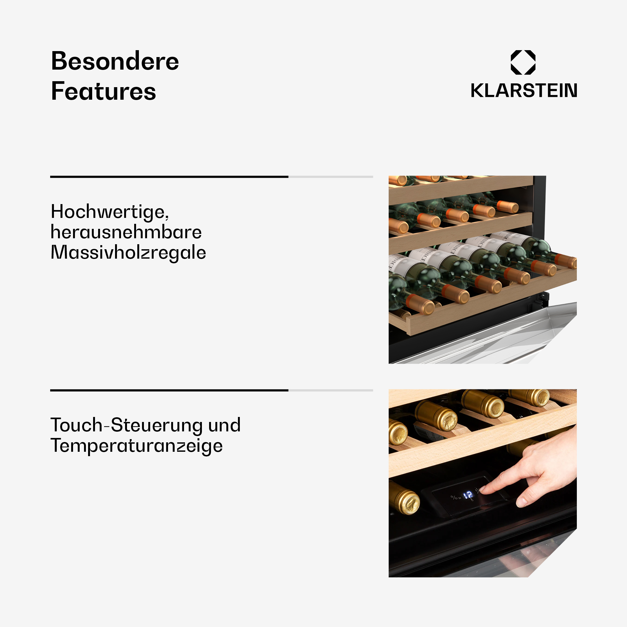 Weinkühlschrank-Merkmale und Innendetails. Holzregale und Touch-Bedienfeld.