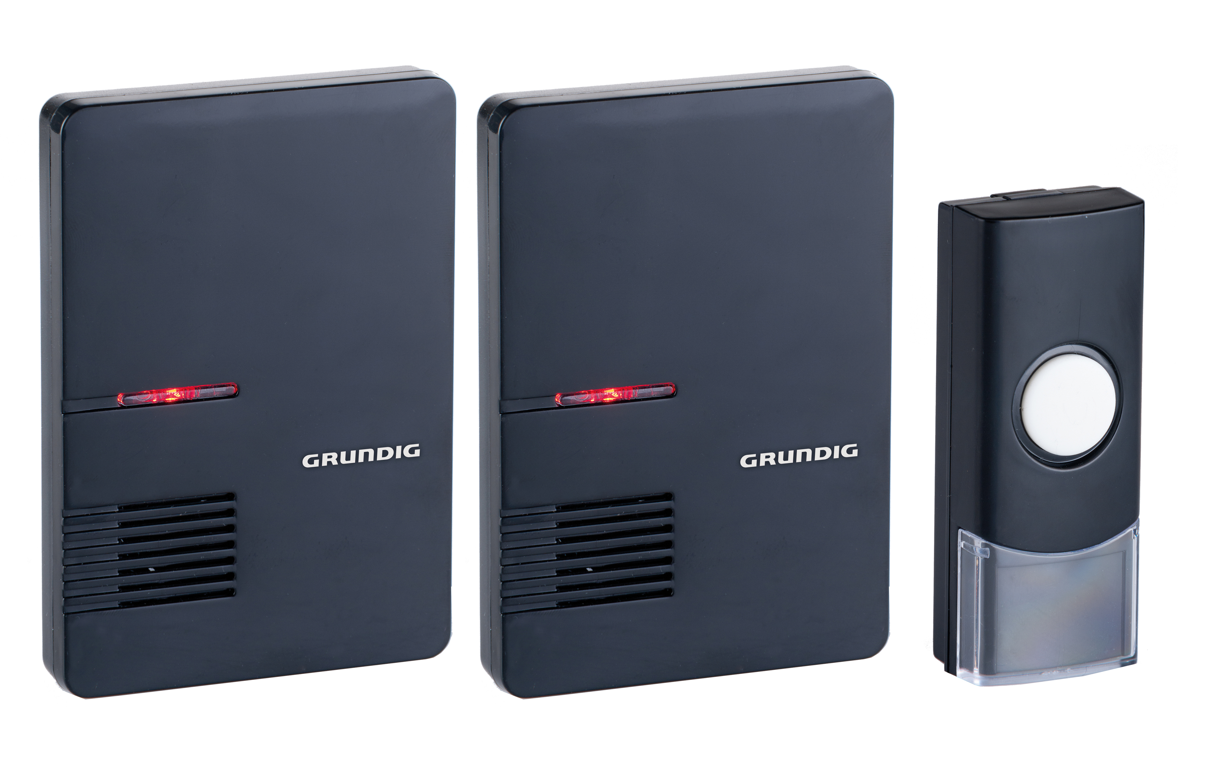 Deux sonnettes Grundig noires et un bouton de sonnette. Tous sont noirs avec des voyants rouges.