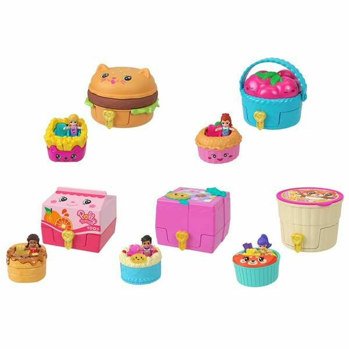 Polly Pocket Spielzeuge, verschiedene Essensformen, mit Polly Pocket Figuren darin.