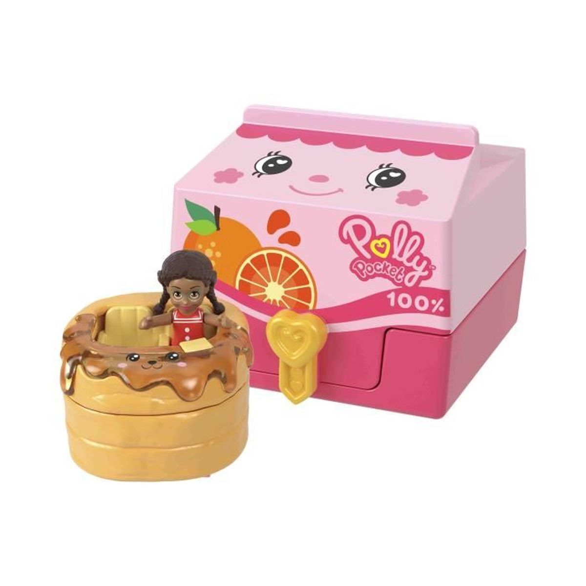 Ein Polly Pocket Spielzeugset. Es zeigt eine Puppe in einem Pfannkuchen und einen rosa Milchkarton.