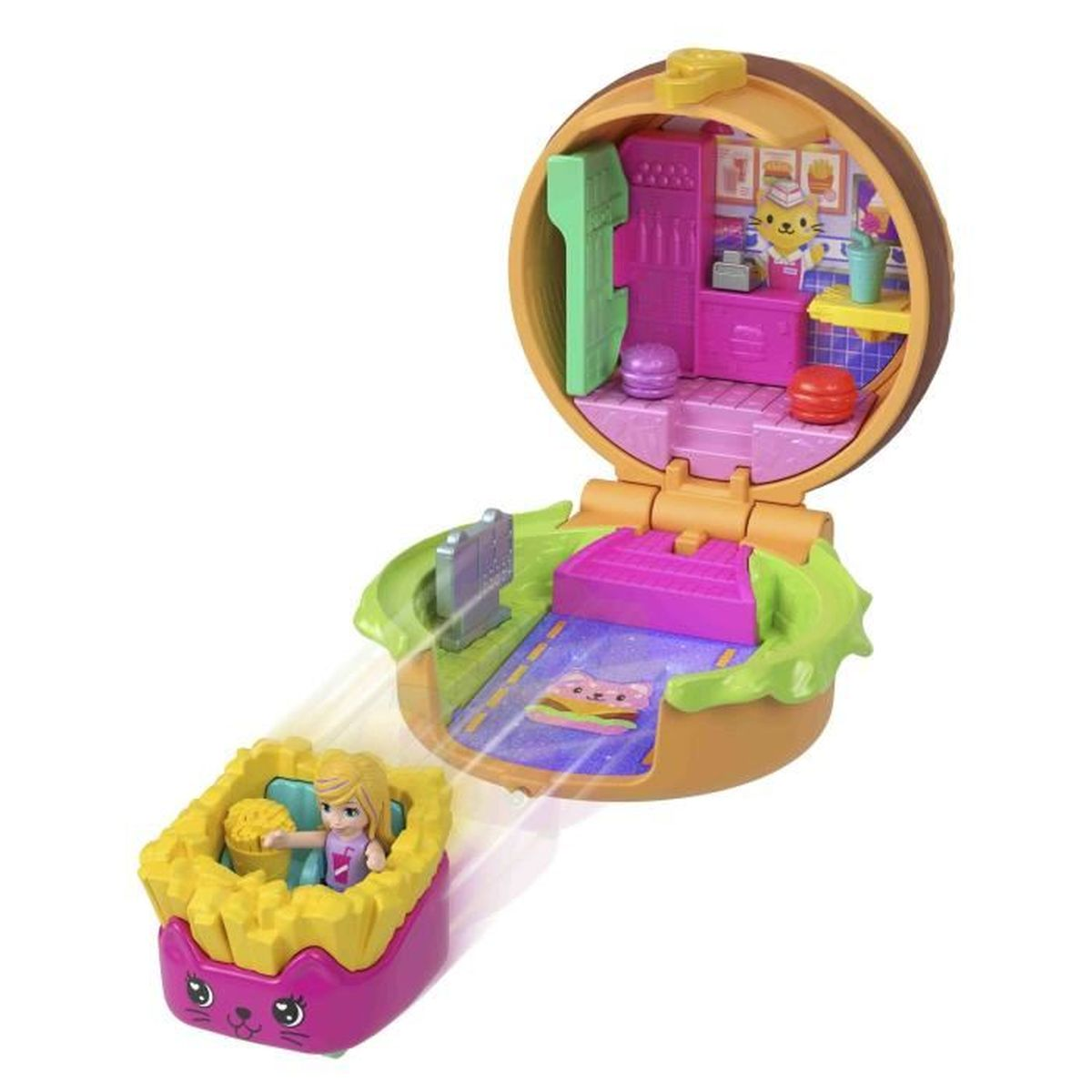 Polly Pocket Spielset, geöffnet, mit einer kleinen Figur in einem Pommes-Wagen.