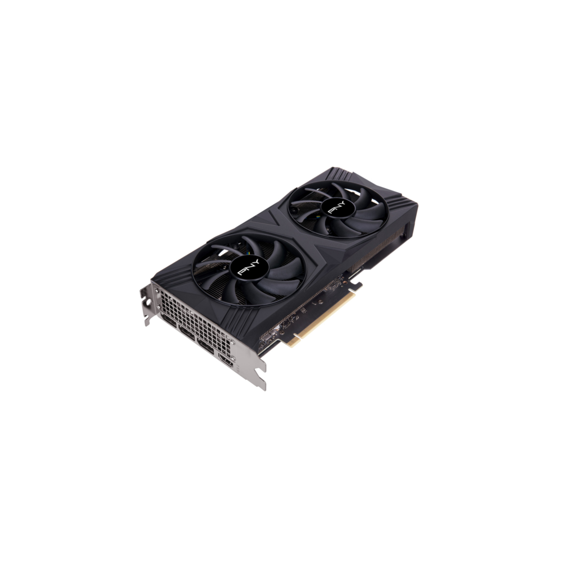 Czarna karta graficzna z dwoma wentylatorami. Logo PNY na wentylatorach. Białe tło.