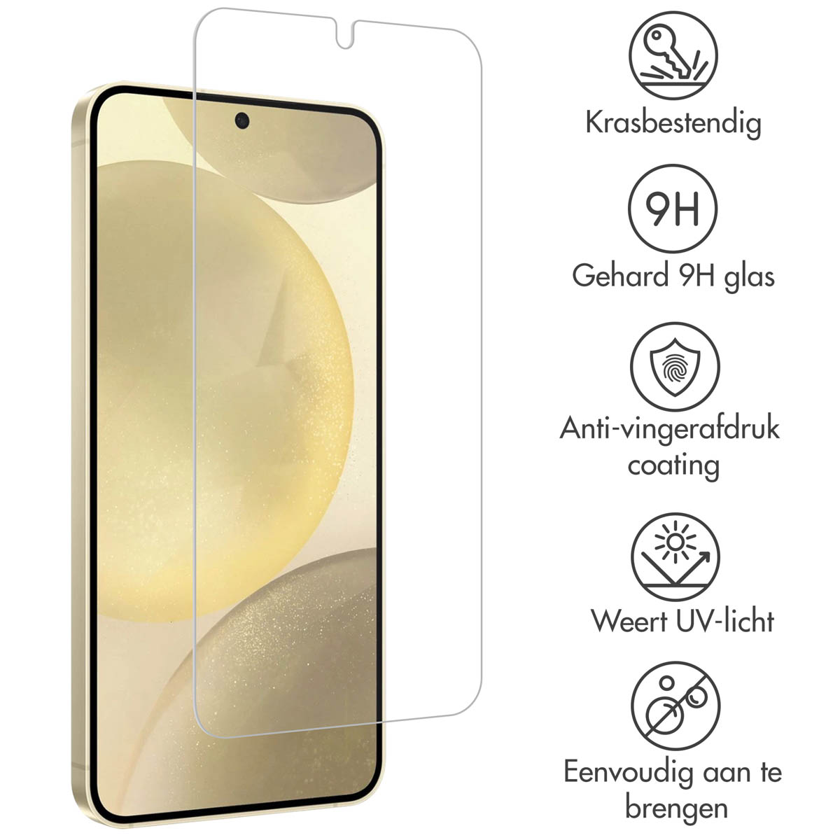 Telefoon met een schermbeschermer ernaast. Er zijn pictogrammen met beschrijvingen.