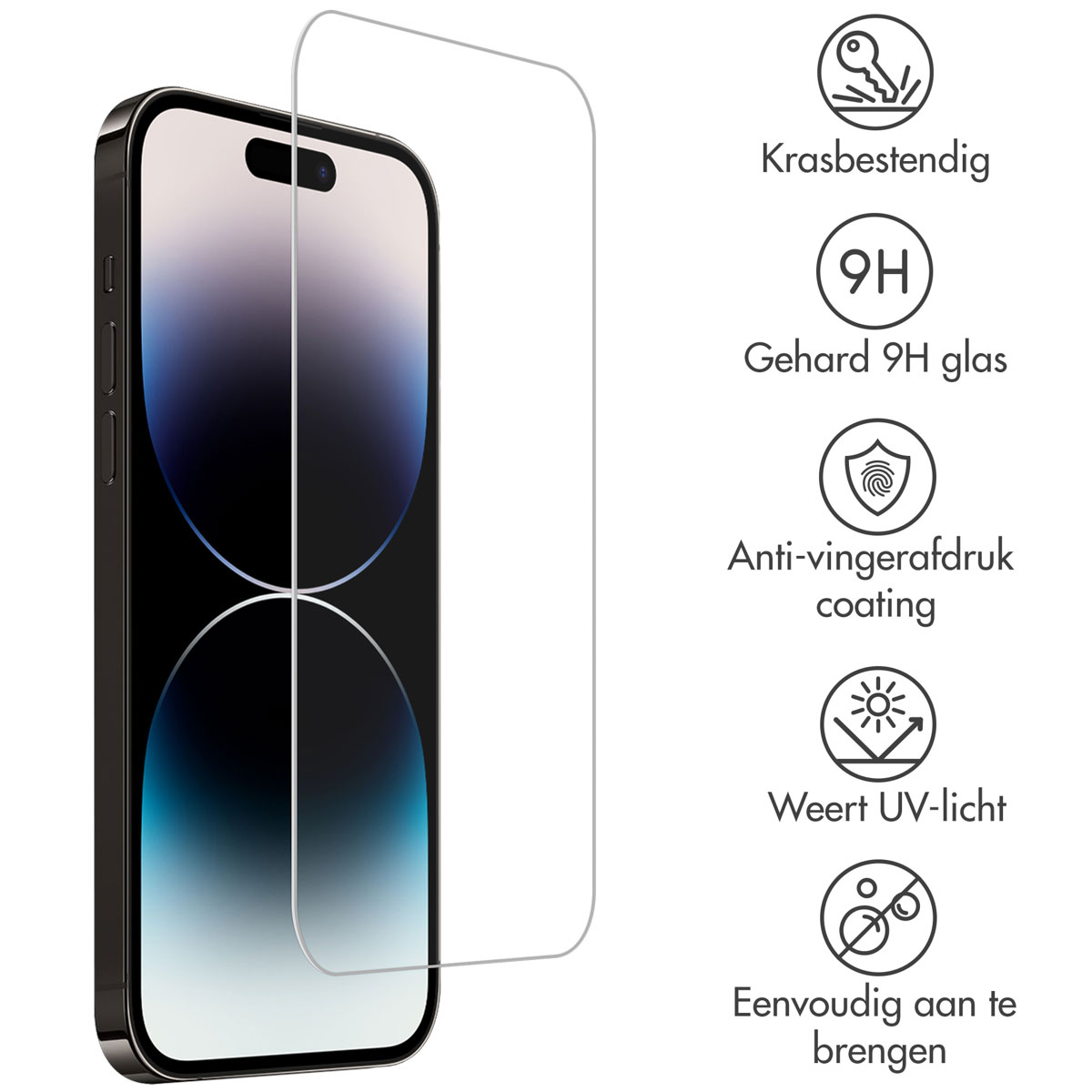 Un smartphone et un protecteur d'écran, avec des détails en néerlandais.