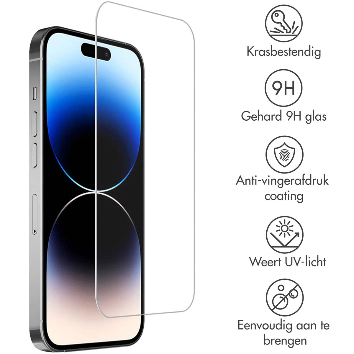 Phone and screen protector. Protector is clear with various icons. Phone is black with a blue gradient.