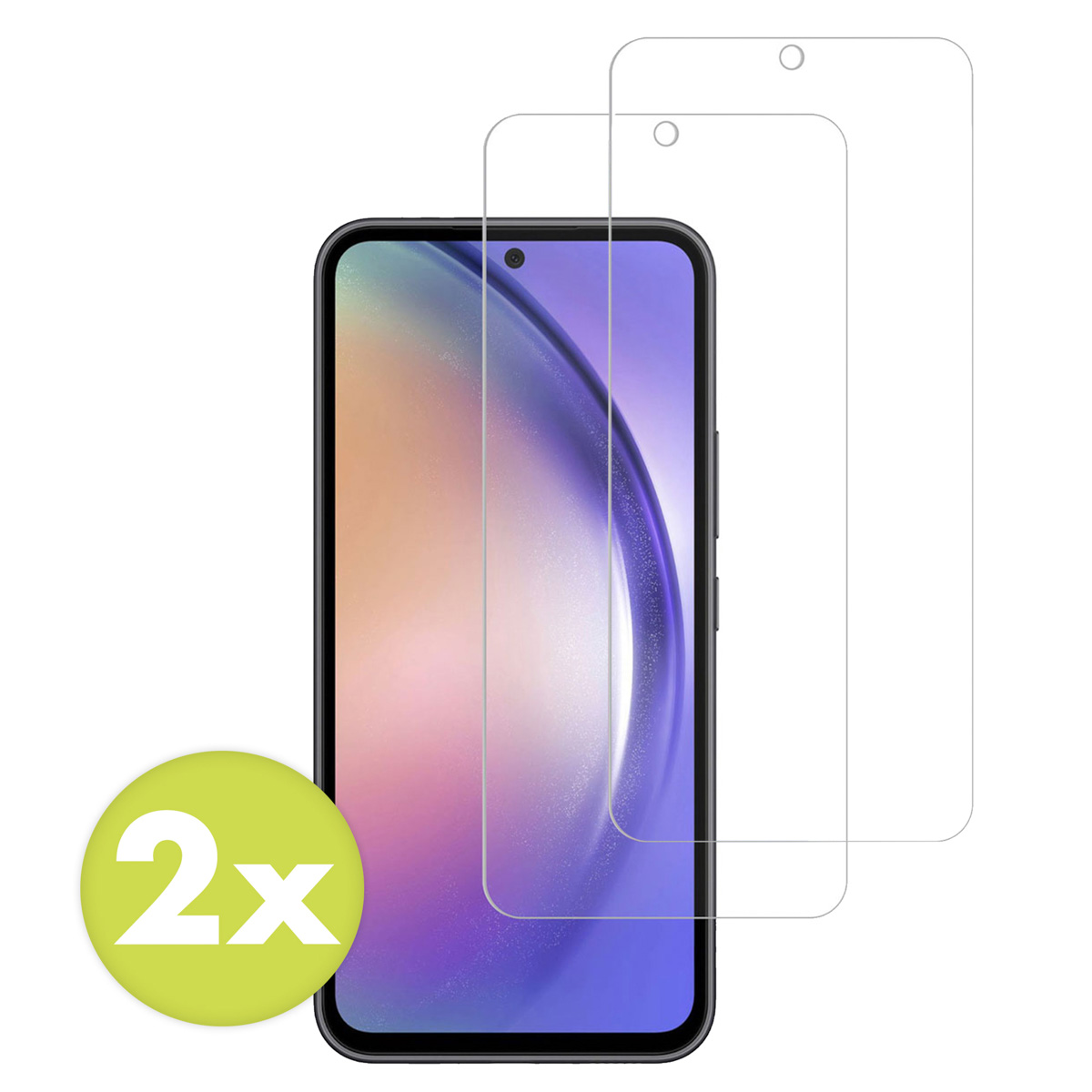 Un telefono con due protezioni schermo. Un cerchio verde con il testo '2x' è a sinistra.