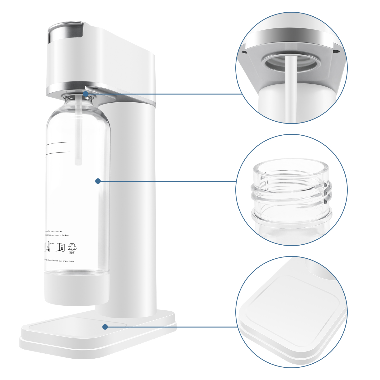 Weißer Soda-Maker mit Details wie Glasflasche, Karbonisierungskammer und Sockel.