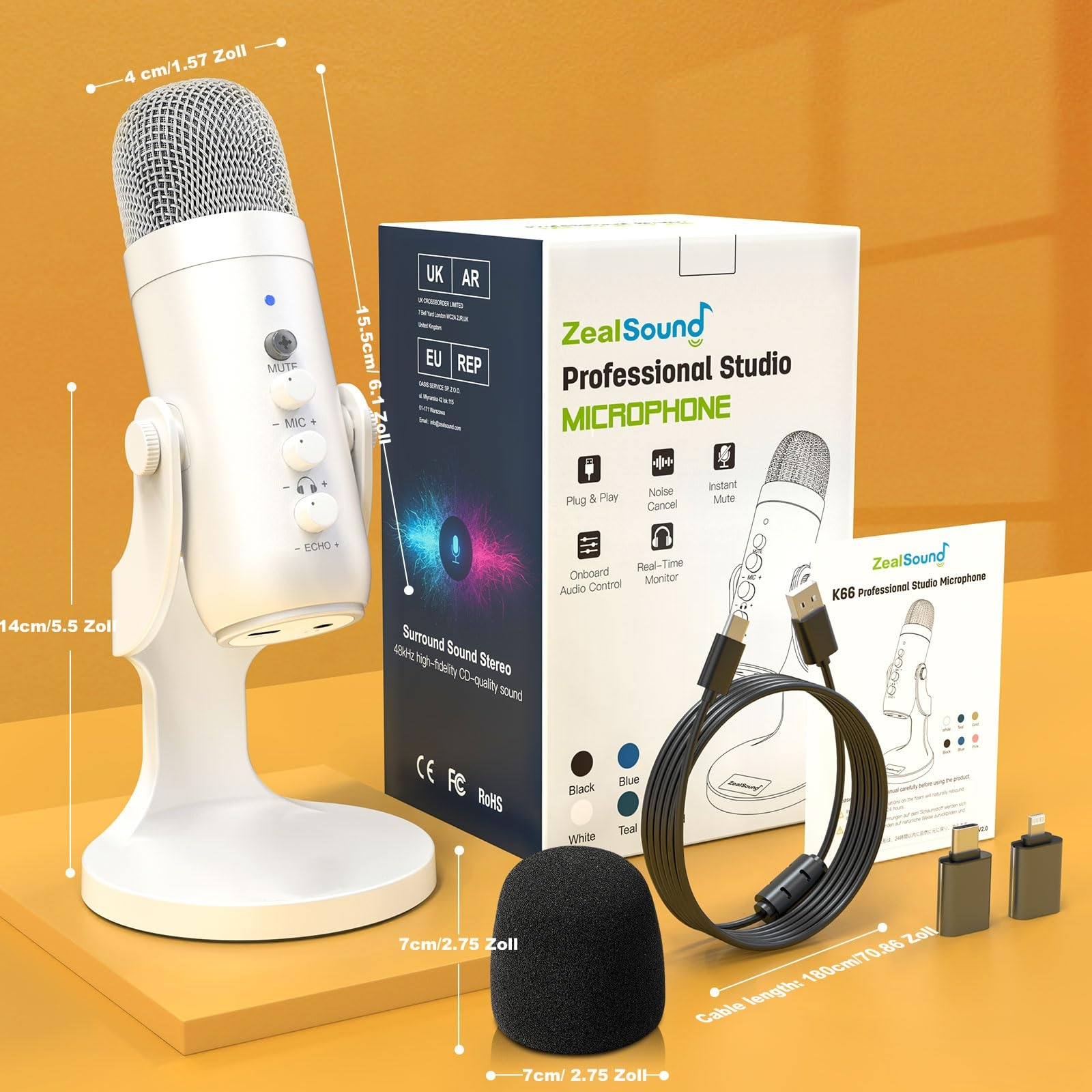 Weißes Studiomikrofon, schwarzer Pop-Filter, Box und Zubehör auf weißem Hintergrund.