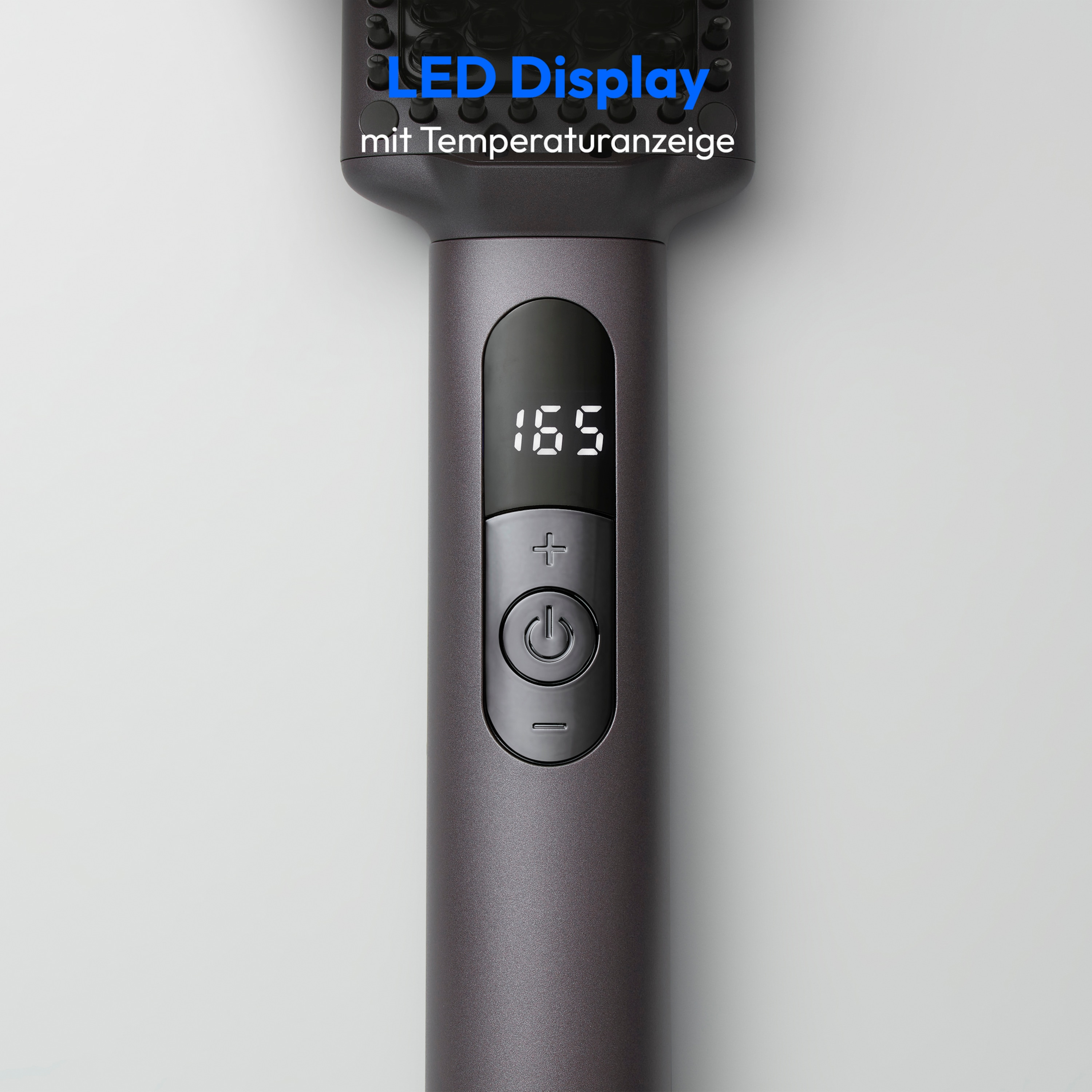 Plancha para el pelo con pantalla LED que muestra 165. Botones más, menos y encendido debajo de la pantalla.
