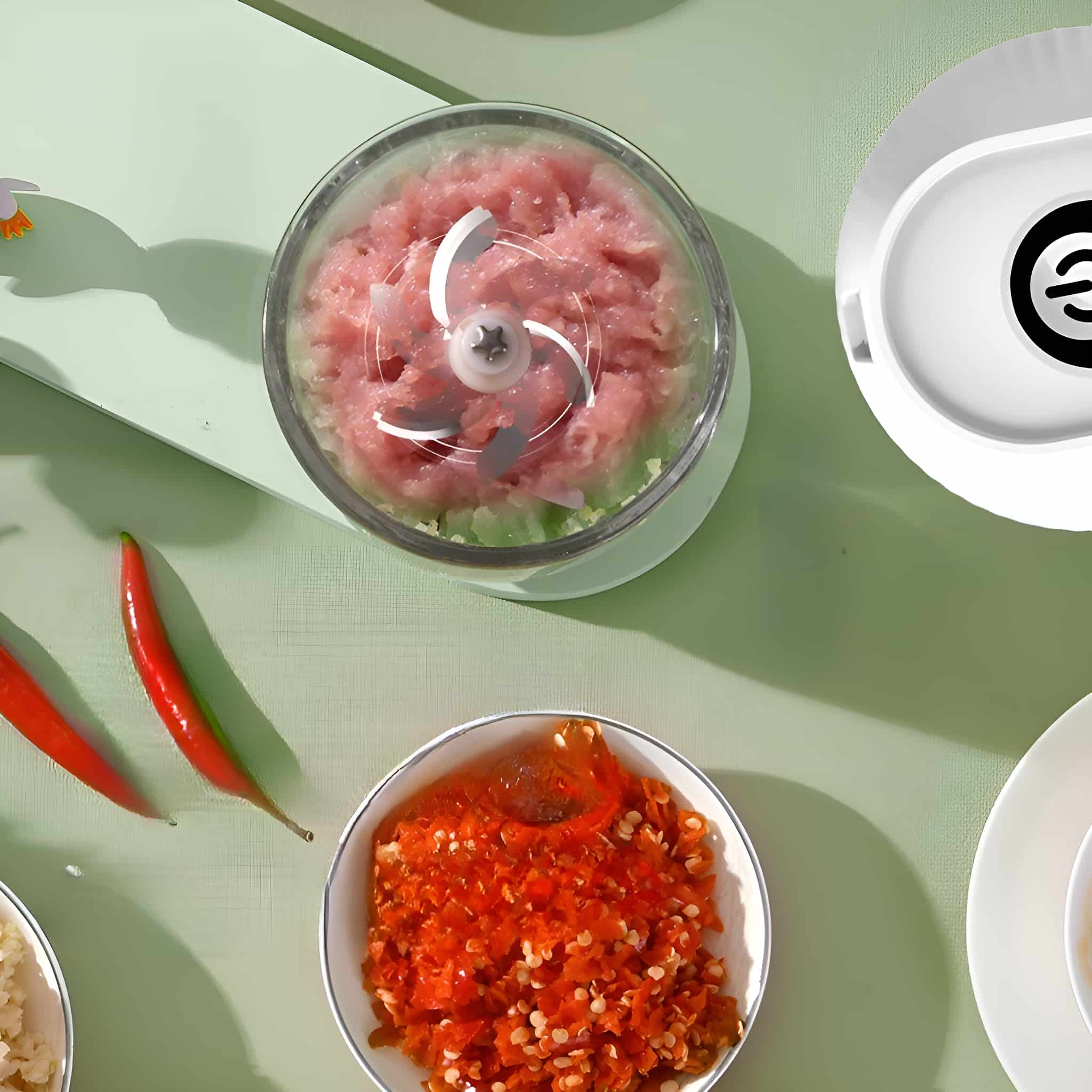 Ein Zerkleinerer mit gehacktem Fleisch und Chili. Roter Chili und zubereiteter Chili sind sichtbar.