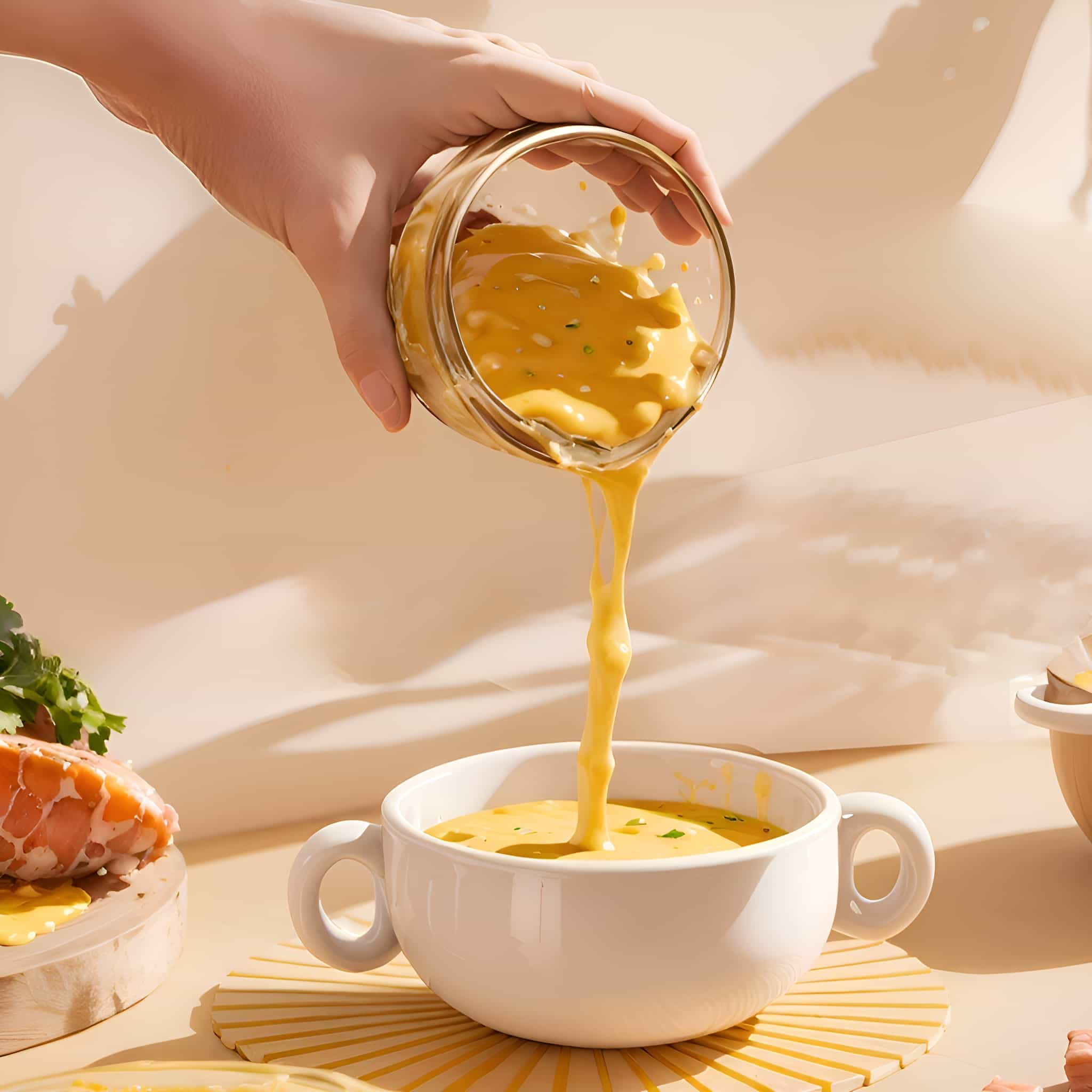 Eine Hand gießt gelbe Suppe in eine weiße Schüssel auf einem Tisch.
