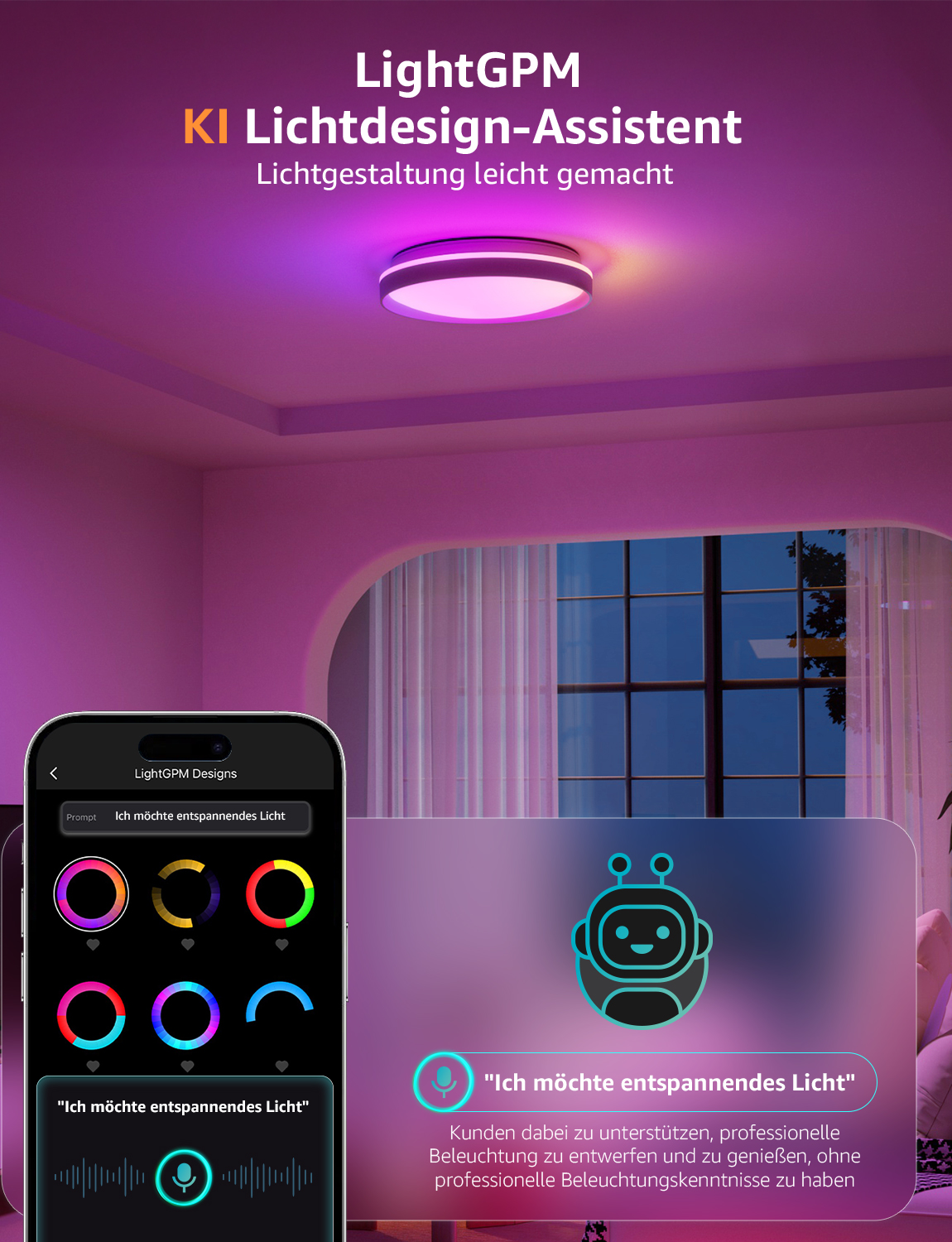 Eine intelligente Deckenleuchte mit einem Smartphone, das Farboptionen zeigt, und einer Chatbot-Oberfläche für die Beleuchtung.