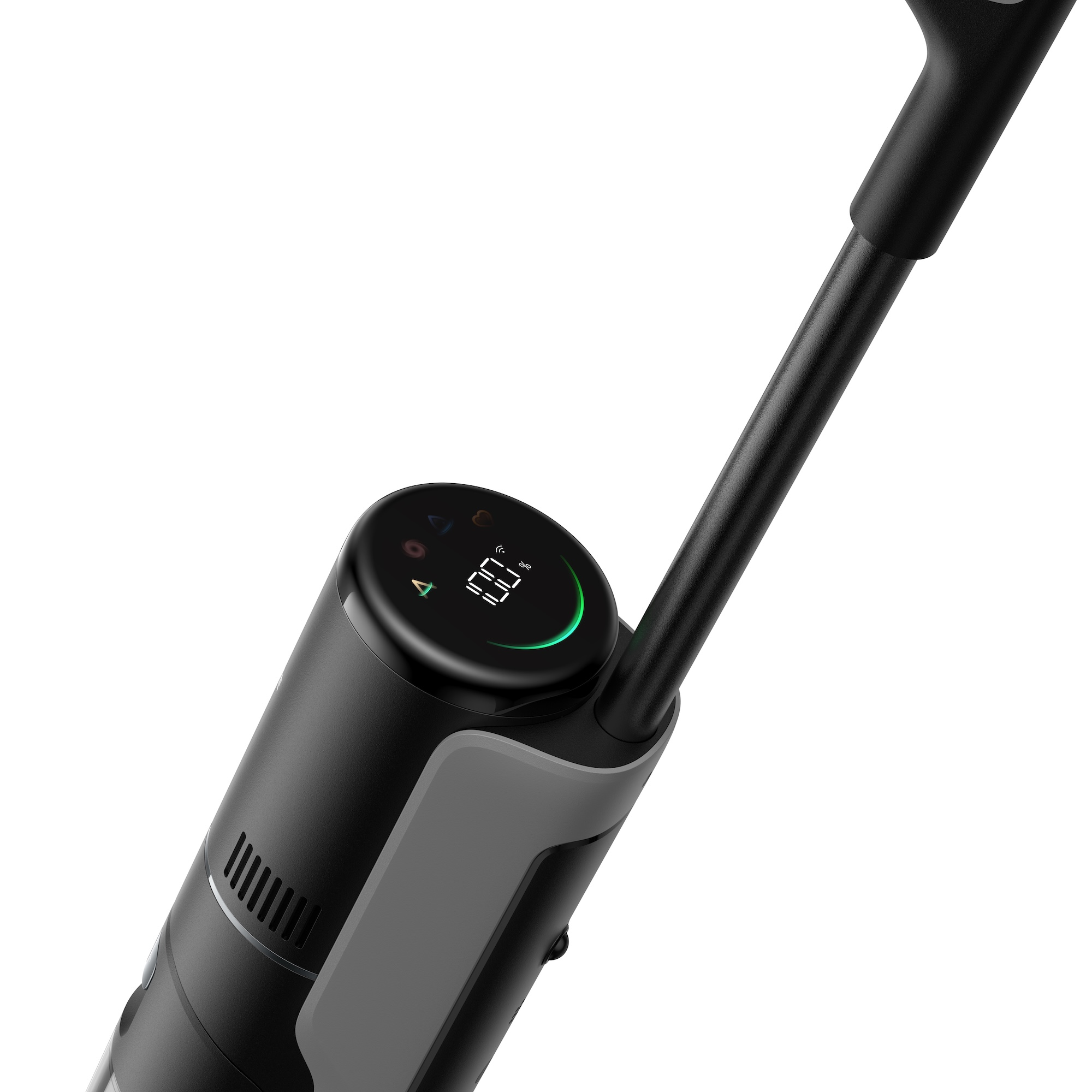 Czarny i szary bezprzewodowy odkurzacz z cyfrowym wyświetlaczem na białym tle.