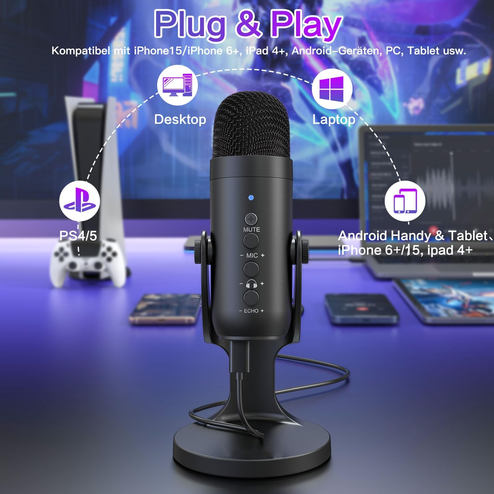 Ein schwarzes Mikrofon auf einem Ständer mit Bedienelementen, mit Bildern von Desktop, PS4/5, Laptop und Android.