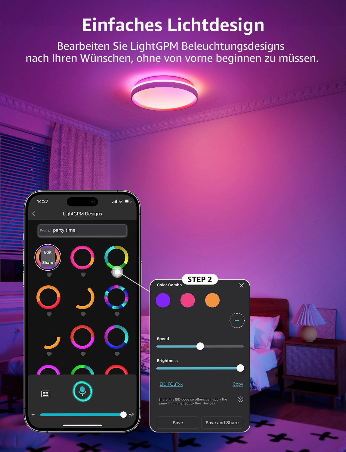 Smartphone zeigt eine farbenfrohe Lichtdesign-App. Ein zweiter Bildschirm zeigt Farboptionen.