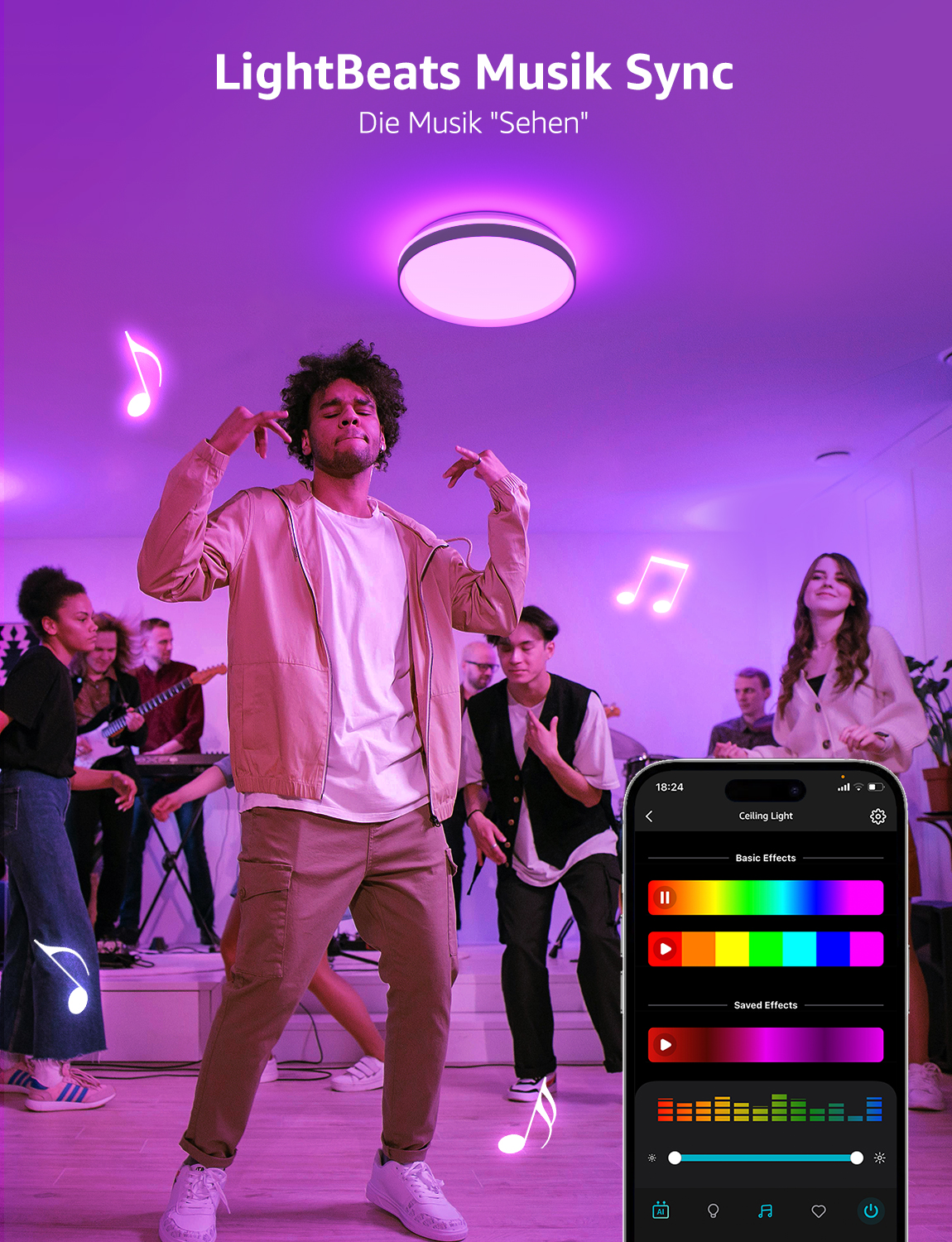 Mann tanzt mit anderen, ein Telefon zeigt Lichtsteuerung. Musiknoten schweben. Eine Deckenleuchte ist oben.