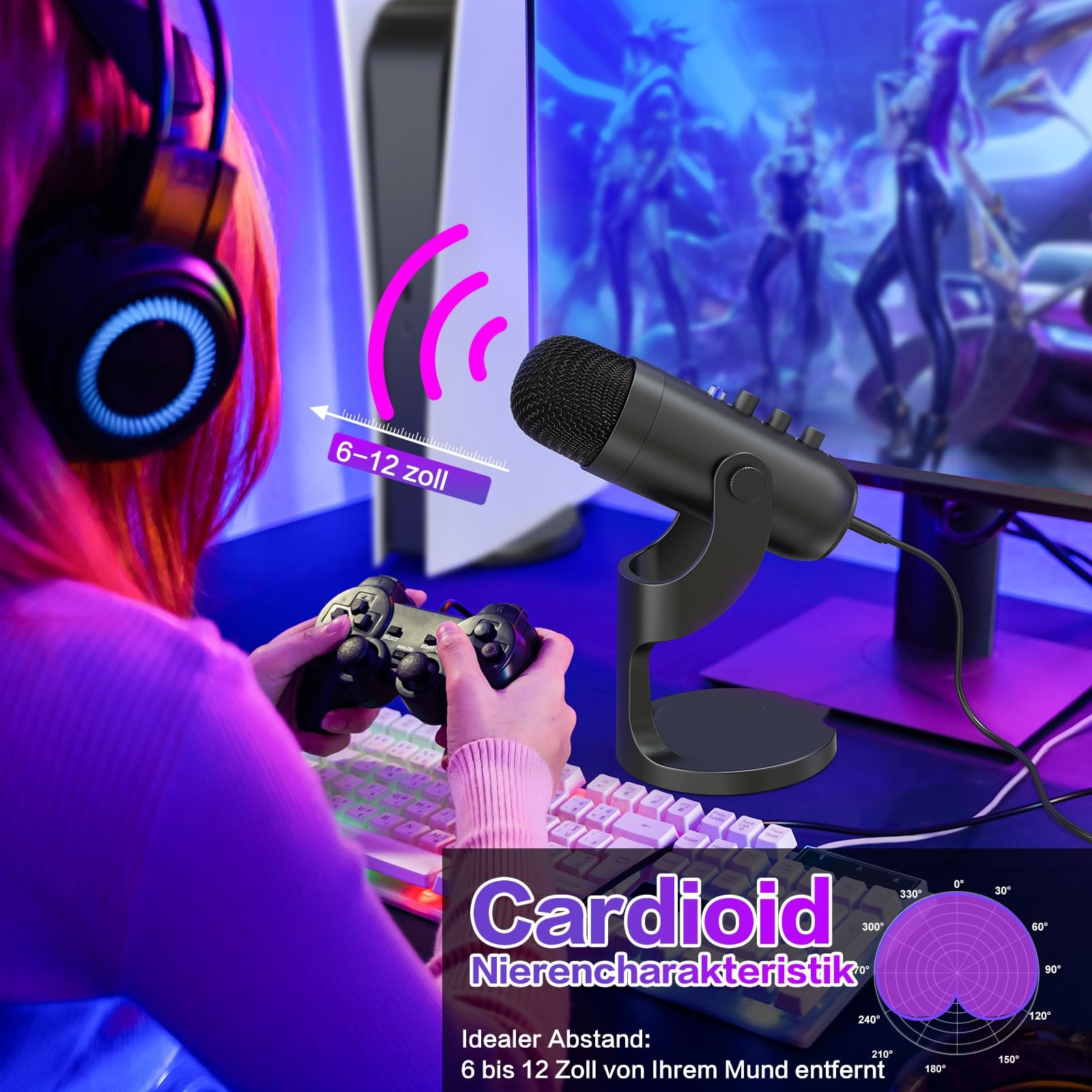 Eine Person, die ein Mikrofon und einen Joystick mit Spielanzeige verwendet.